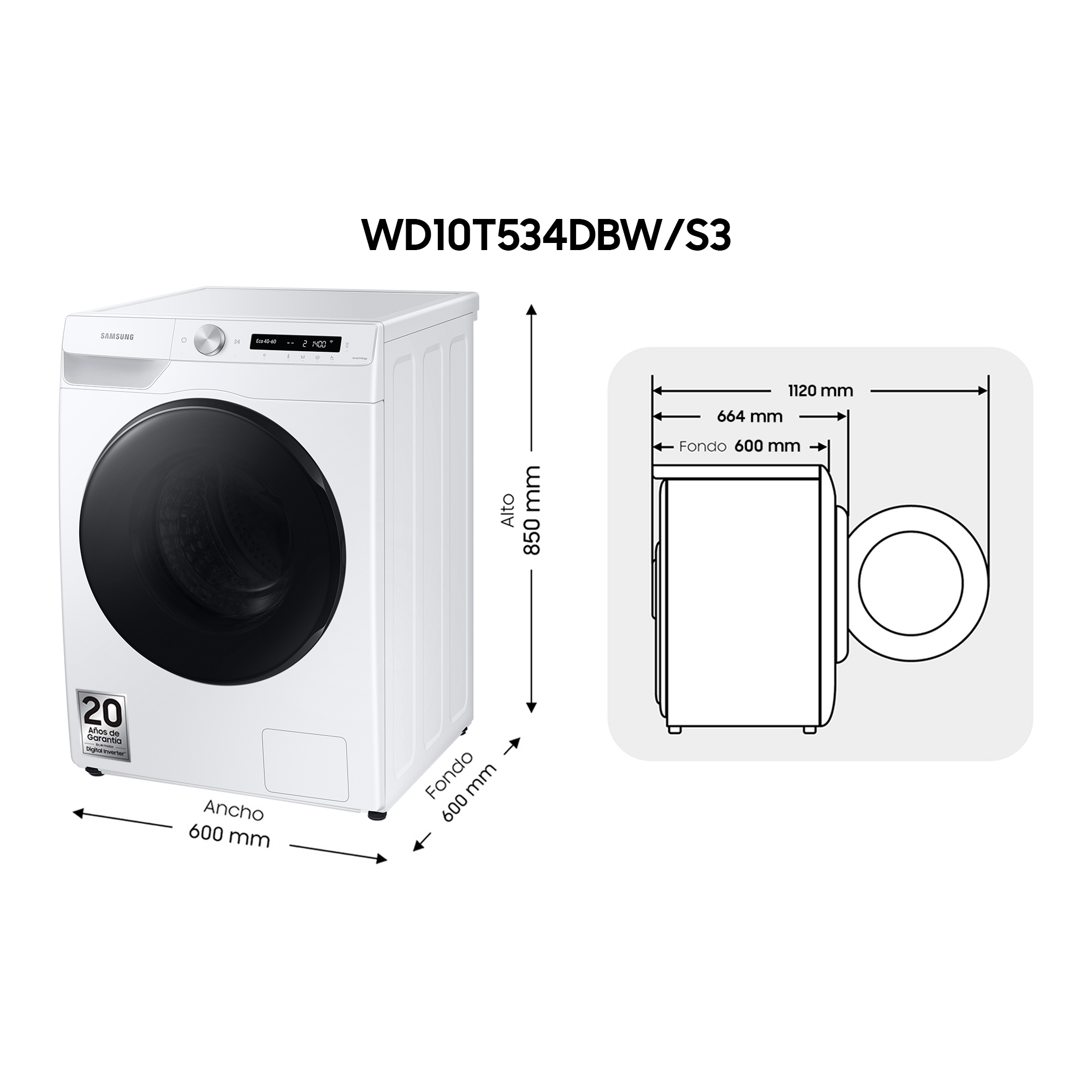 Lavadora Samsung blanca con dimensiones y diagrama lateral. Puerta negra.