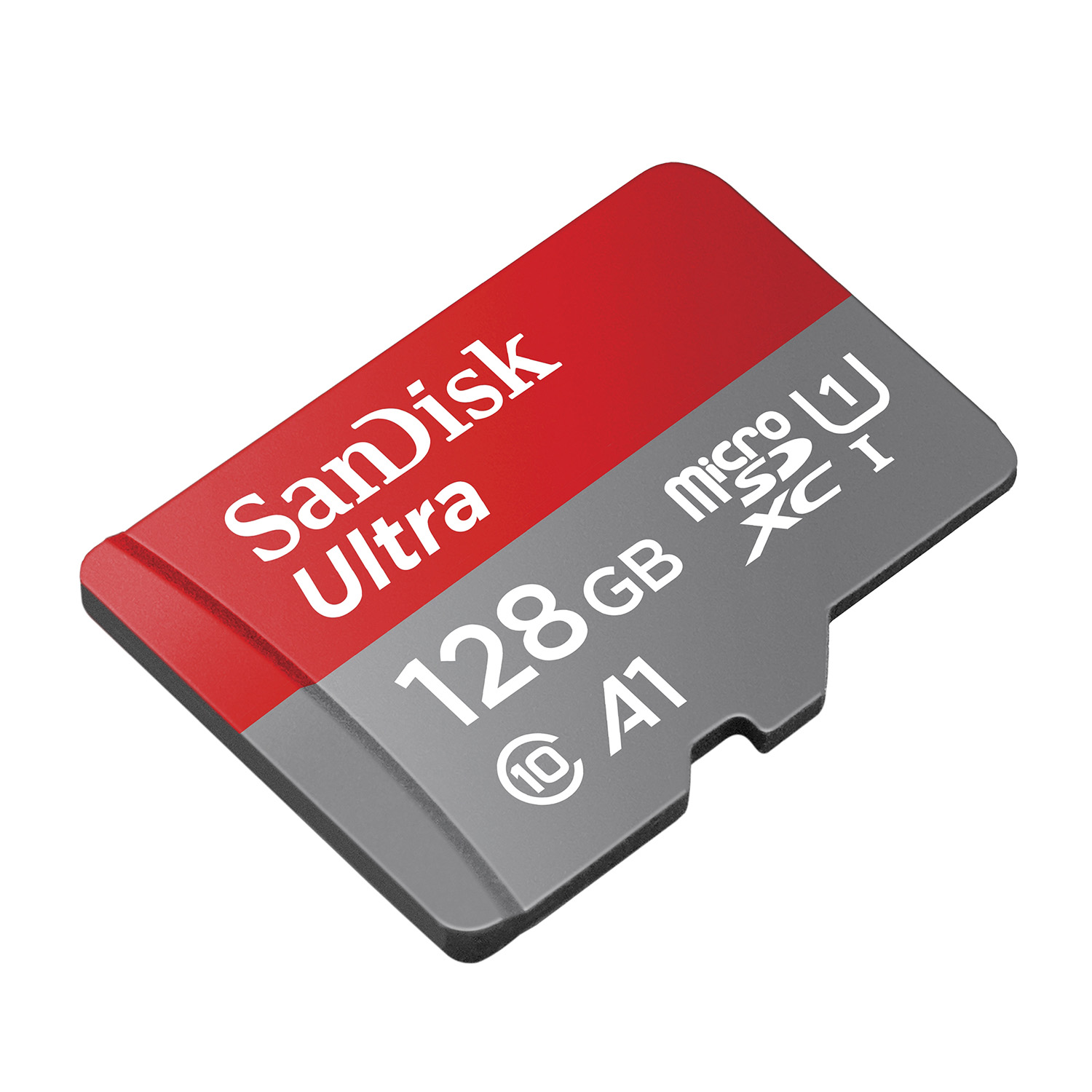 Una scheda microSD SanDisk Ultra rossa e grigia da 128 GB con il marchio A1.