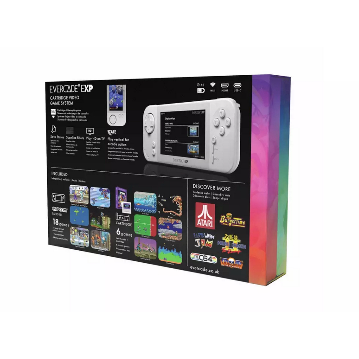 Una caja de sistema de juego Evercade EXP blanca y colorida sobre una superficie blanca, con cartuchos de juego.