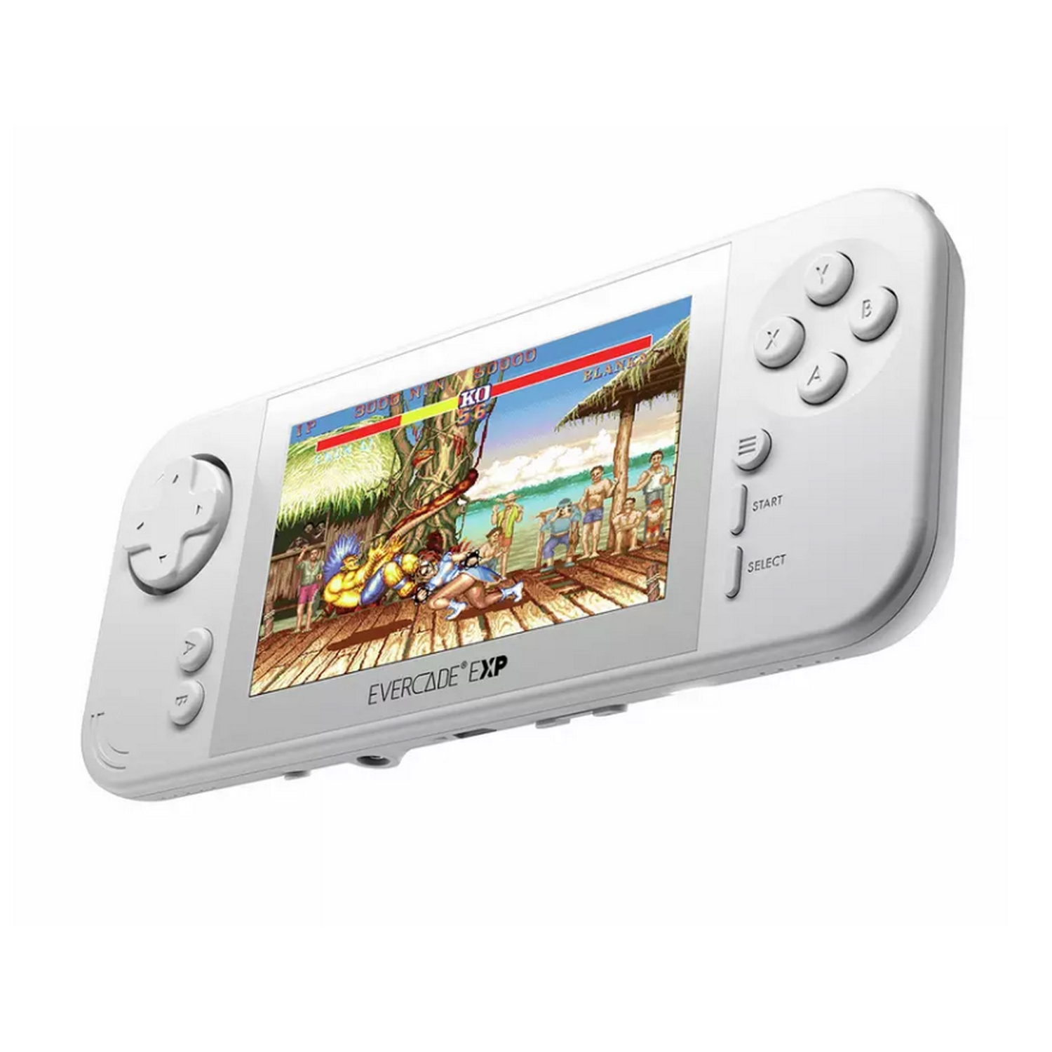 Consola de juegos portátil blanca mostrando una escena de juego de lucha.