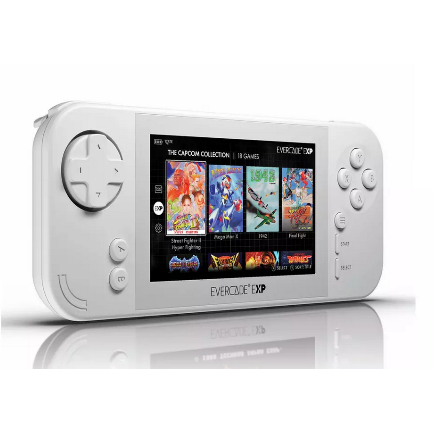 Consola de juegos portátil blanca con pantallas de juegos.
