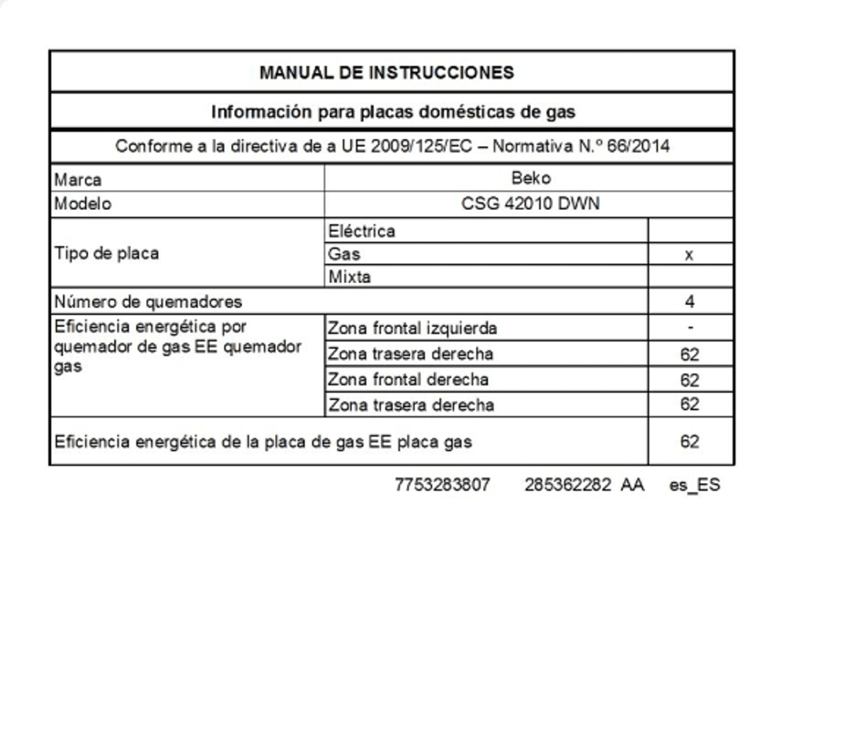 Beko Cocina Gas Natural 4 Zonas+Horno CSG 42010 DWN Blanco