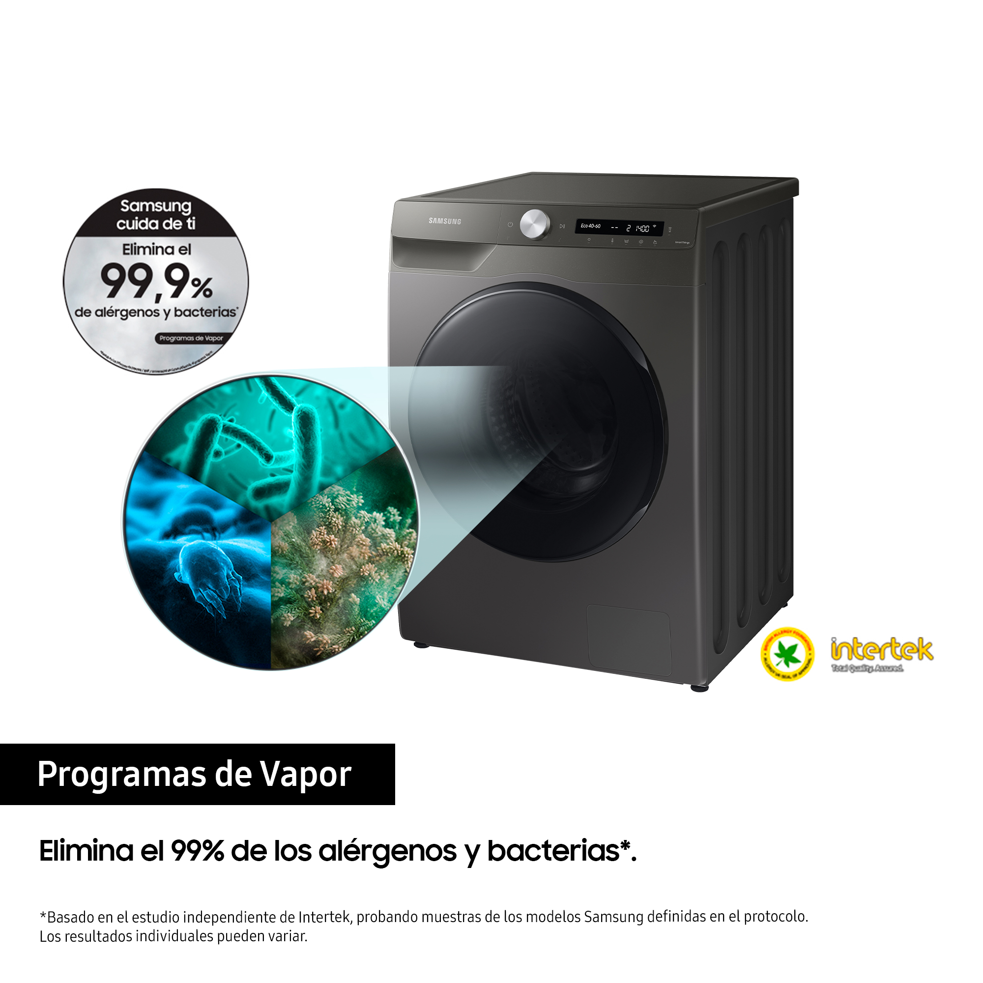 Lavadora con texto sobre la eliminación de alérgenos y bacterias.