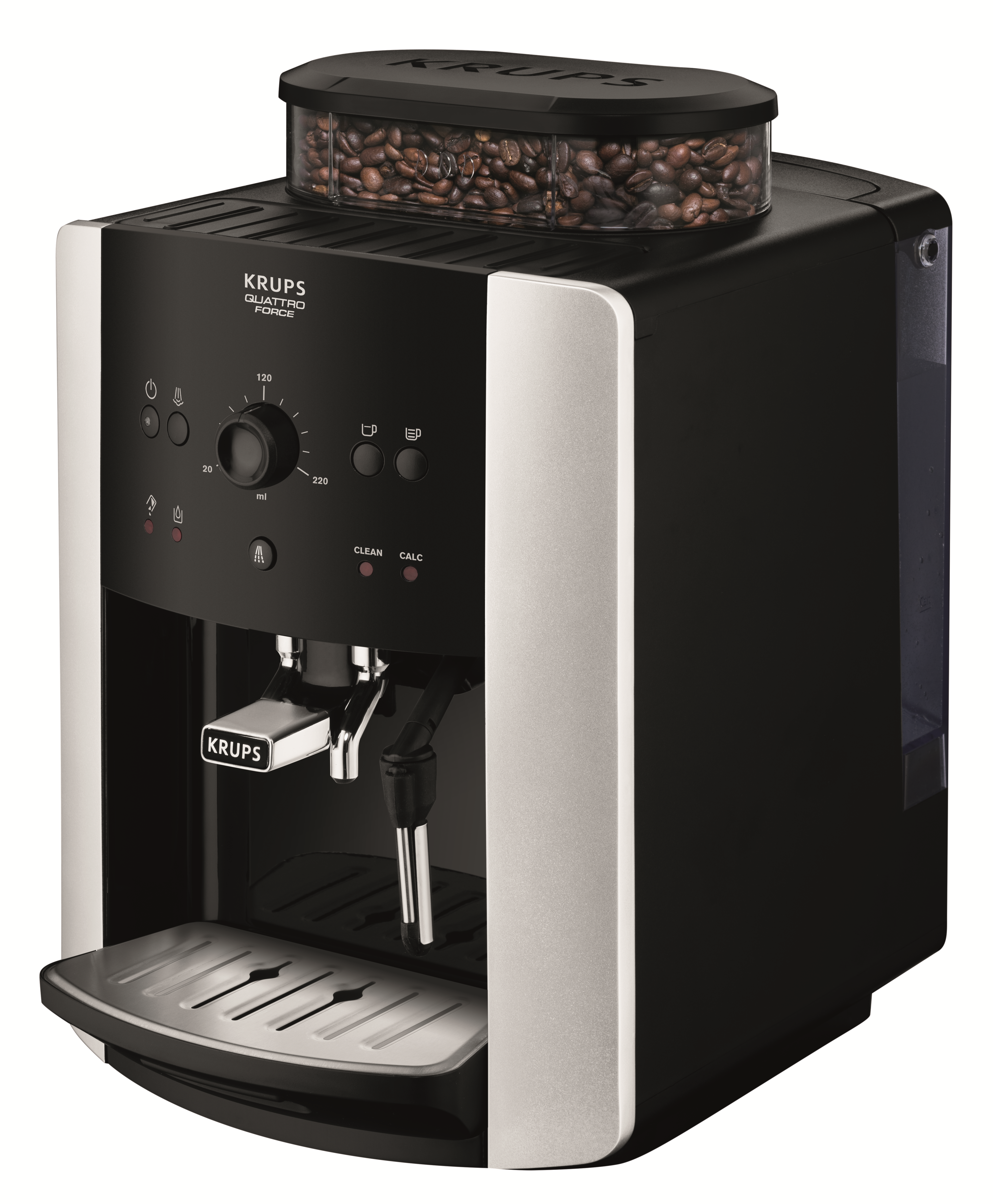 Una máquina de espresso negra y plateada con una tolva de granos.