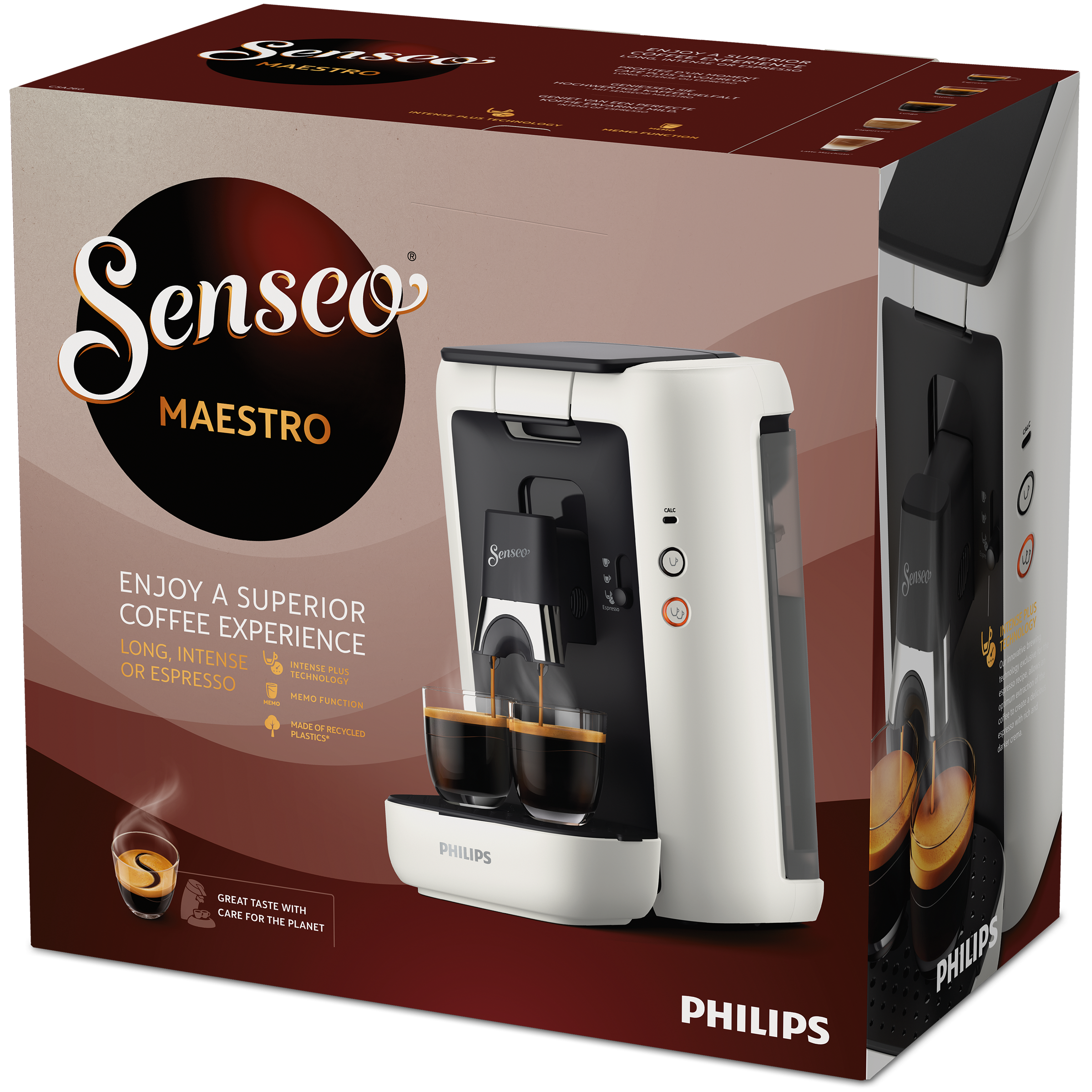Koffiemachine die koffie in twee glazen schenkt. Merk Senseo Maestro. Wit en zwart.