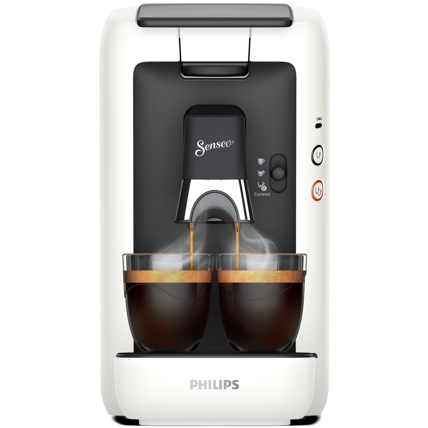 Witte en zwarte Senseo koffiemachine die koffie in twee glazen schenkt. Stoomende koffie.