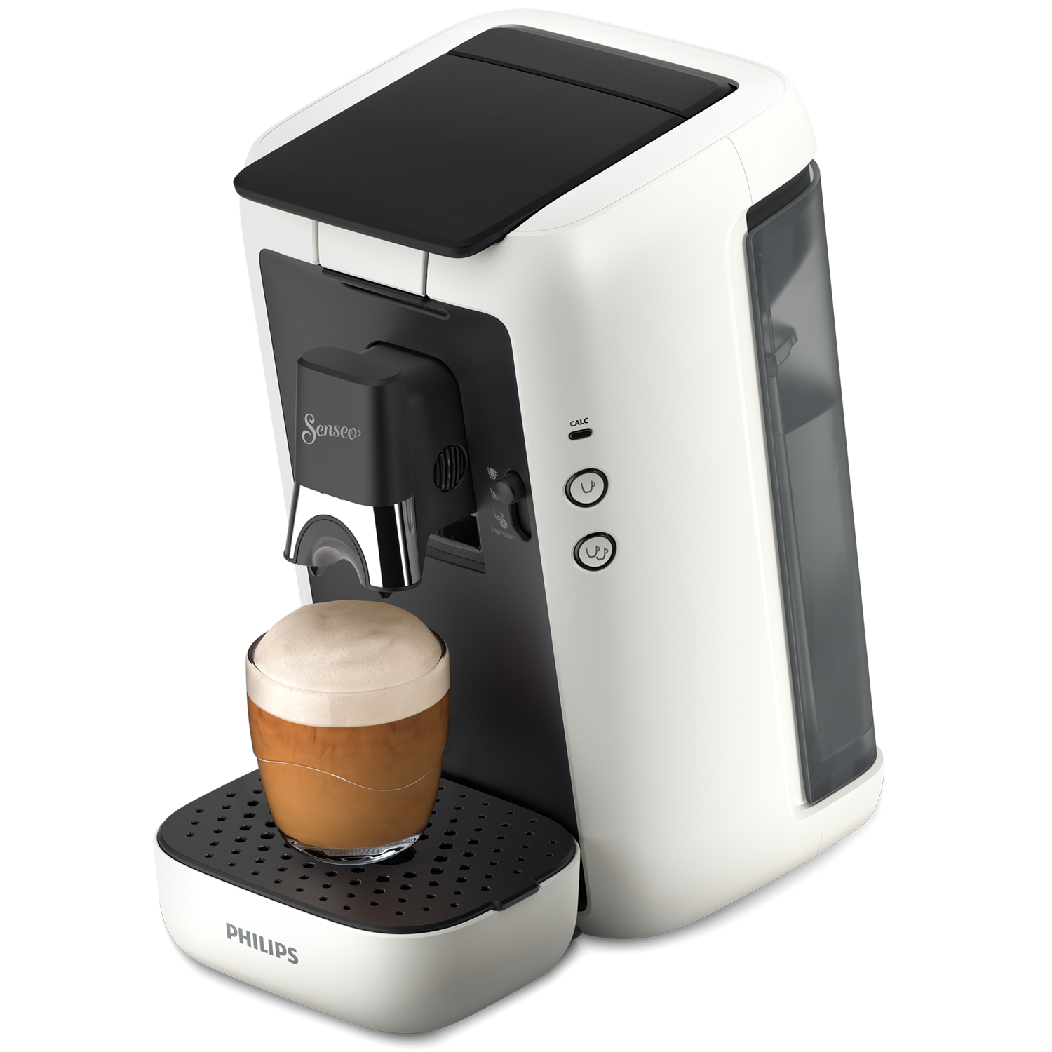 Wit-zwarte koffiemachine met een glas koffie en schuim.