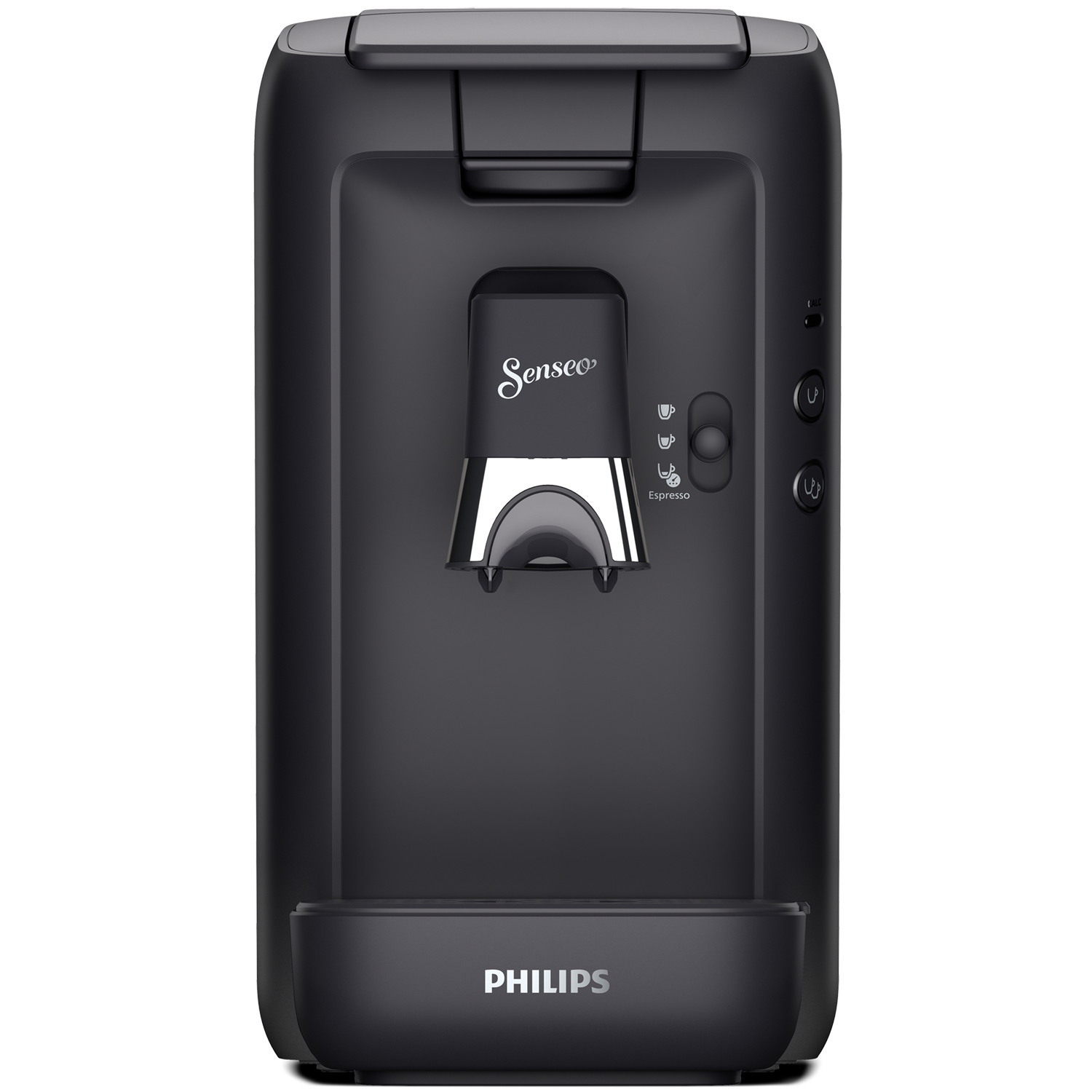 Zwarte Senseo koffiemachine. Zilveren tuit, Philips logo onderaan.