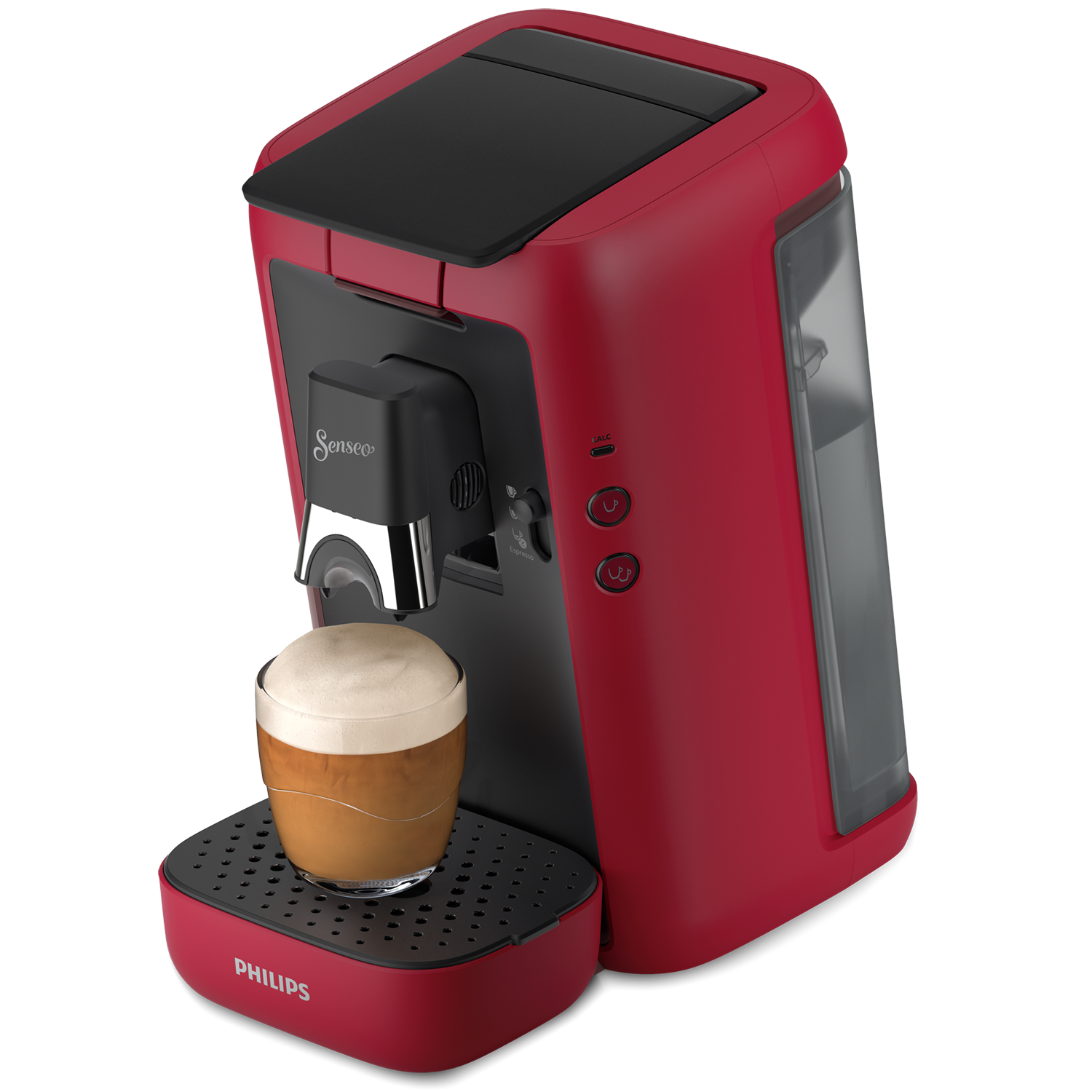 Roodzwarte koffiemachine met een glas koffie met schuim.
