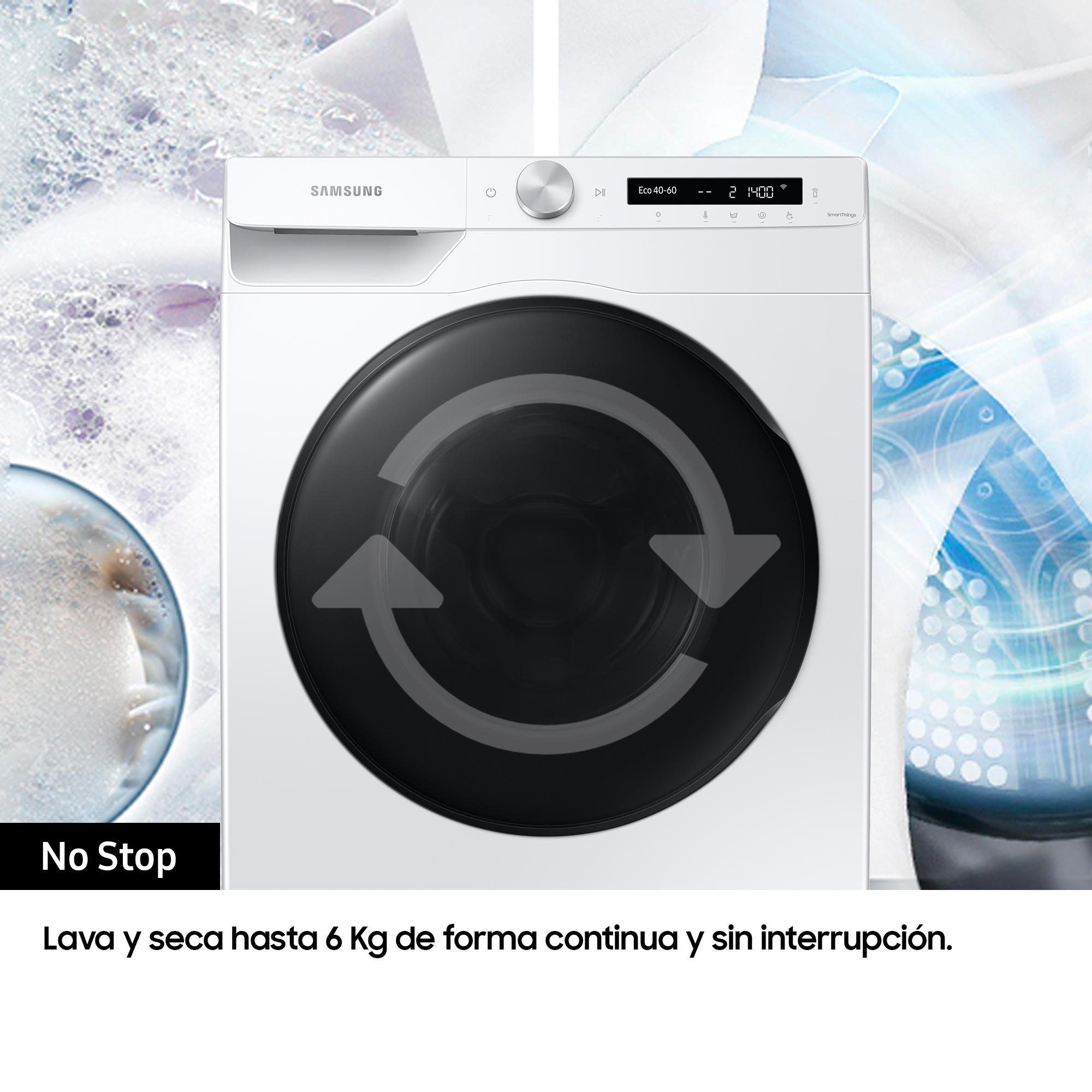 Lavadora Samsung blanca con puerta redonda negra. La imagen muestra la lavadora.