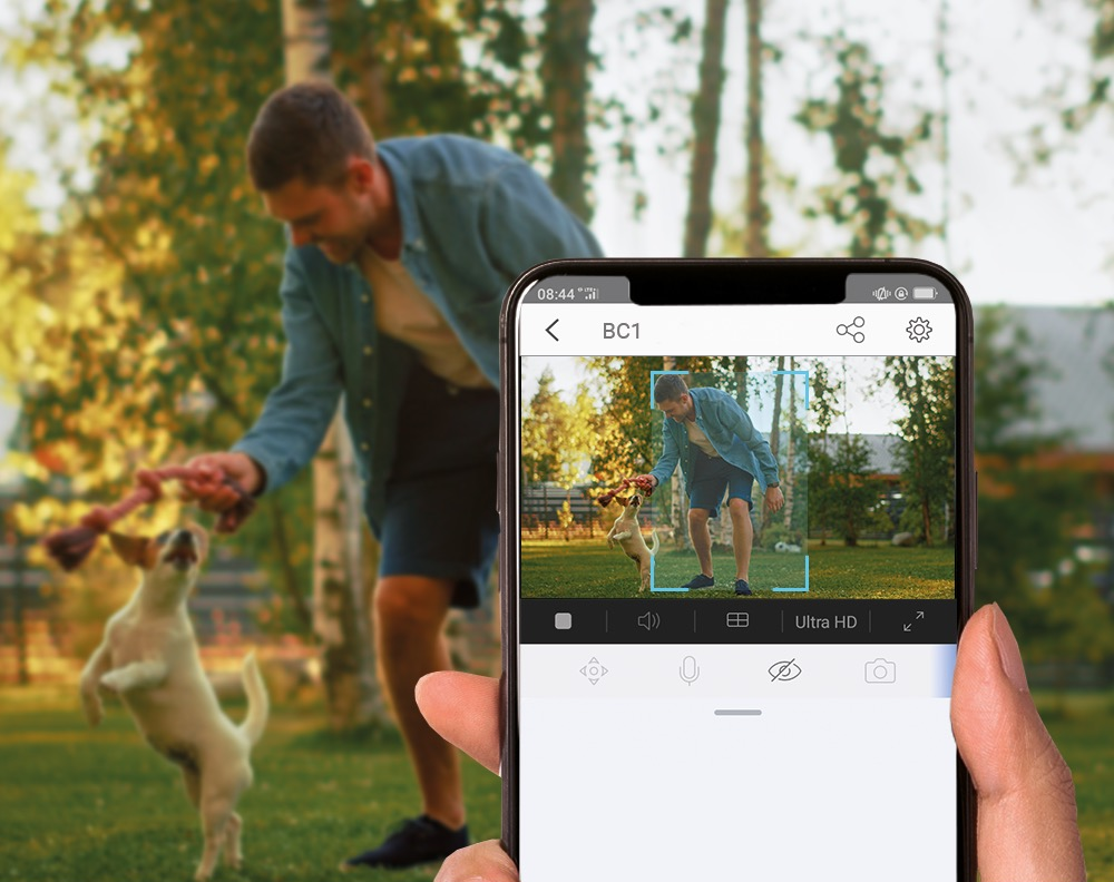 Personne regardant un chien et un homme sur l'écran d'un téléphone. Le chien saute.