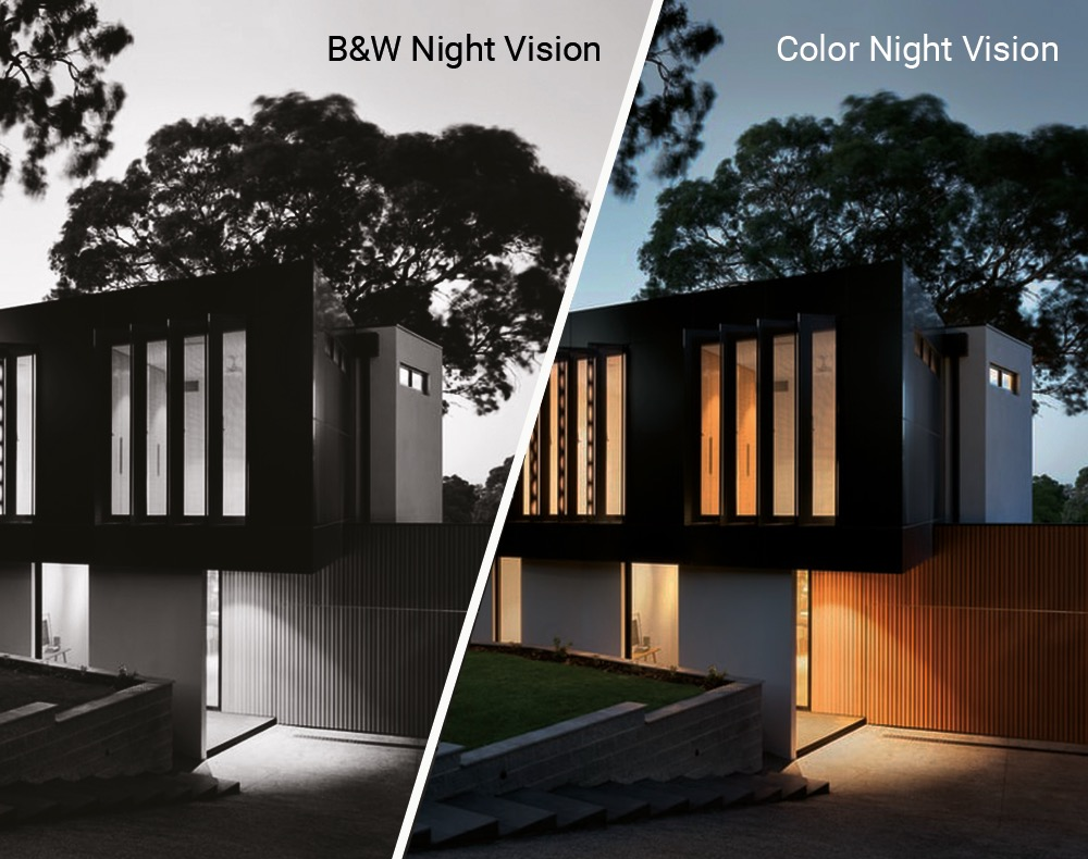 Maison de nuit, écran partagé : Vision nocturne N&B et couleur.