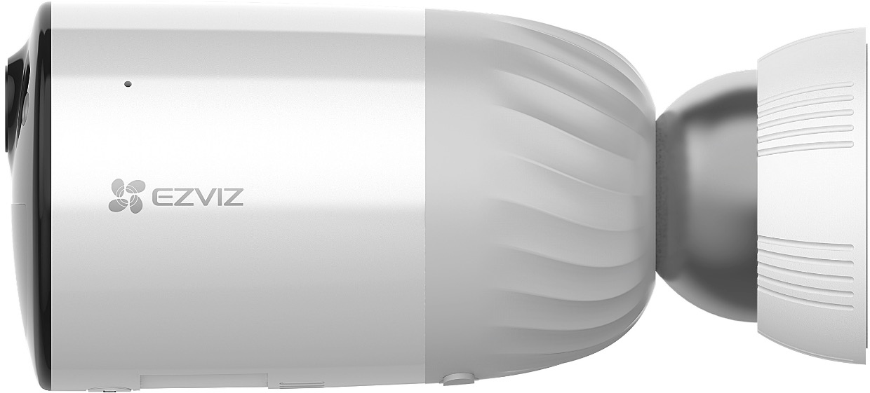 Une caméra de sécurité EZVIZ blanche avec un logo argenté, vue latérale, sur fond blanc.