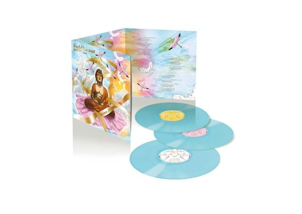Pochette d'album avec une illustration de Bouddha. Trois disques vinyles bleu clair sont à côté.
