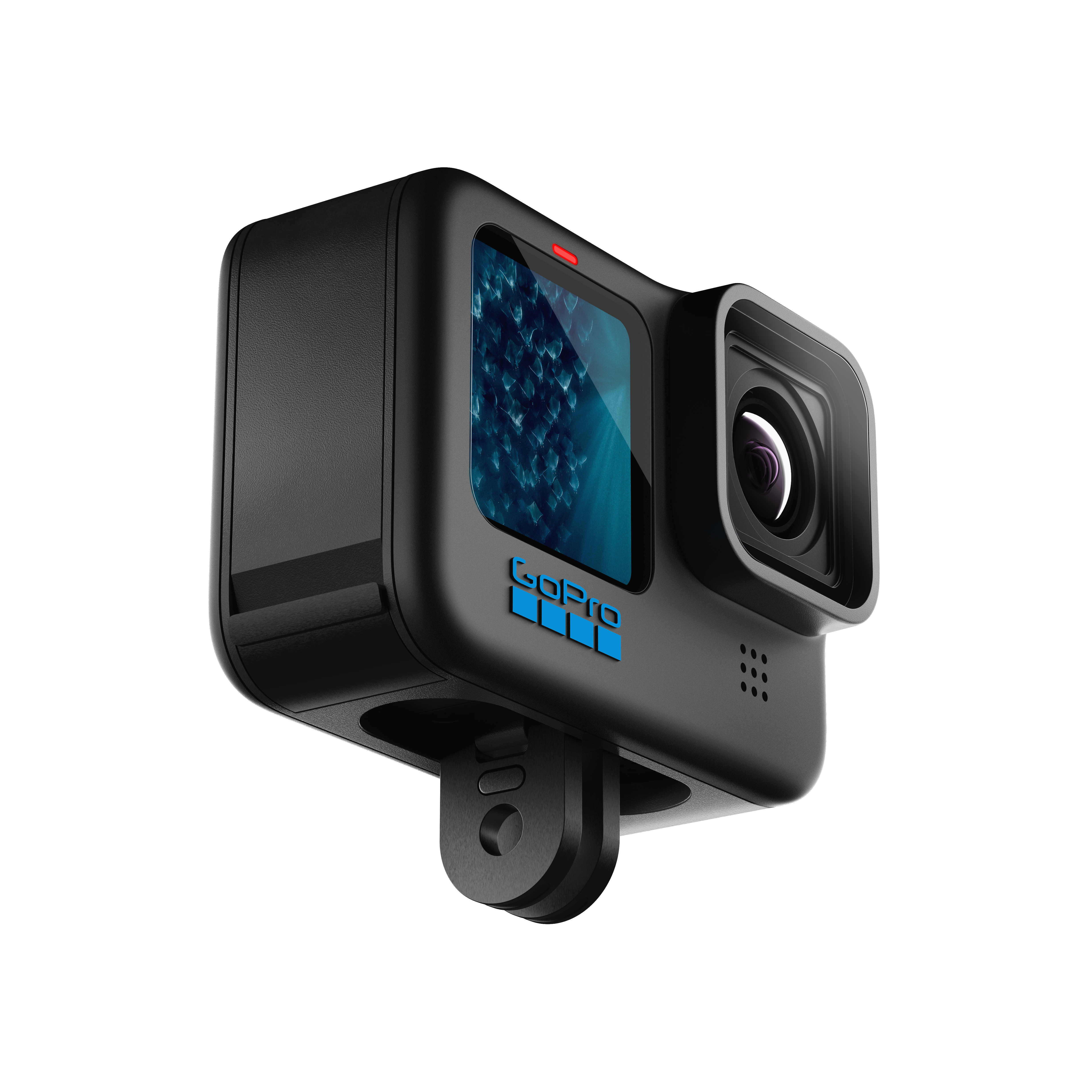 Schwarze GoPro-Kamera mit einem Bildschirm, der ein blaues Muster zeigt, nach oben abgewinkelt, isoliert auf Weiß.