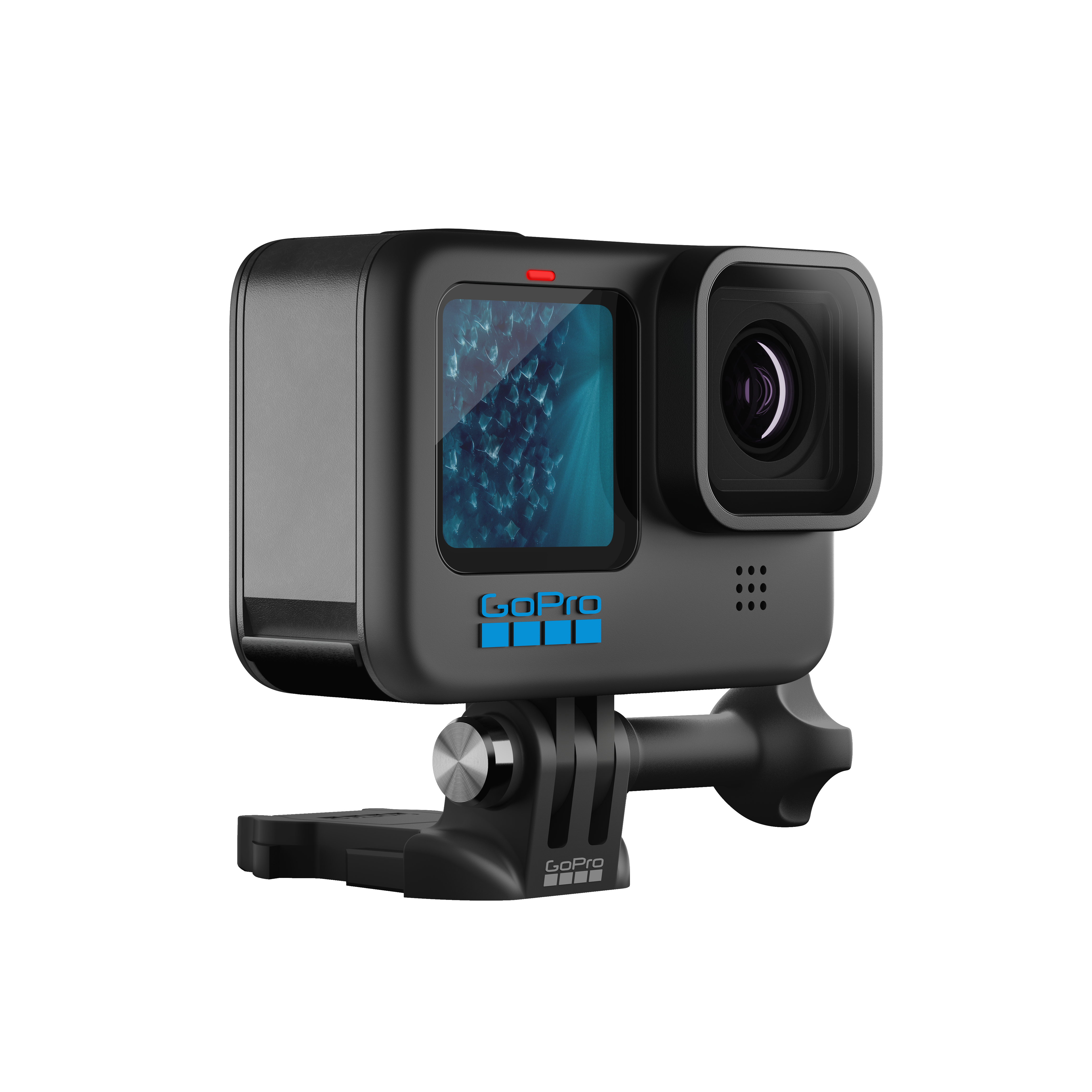 Schwarze GoPro Kamera auf weißem Hintergrund. Blaues GoPro-Logo auf der Kamera.