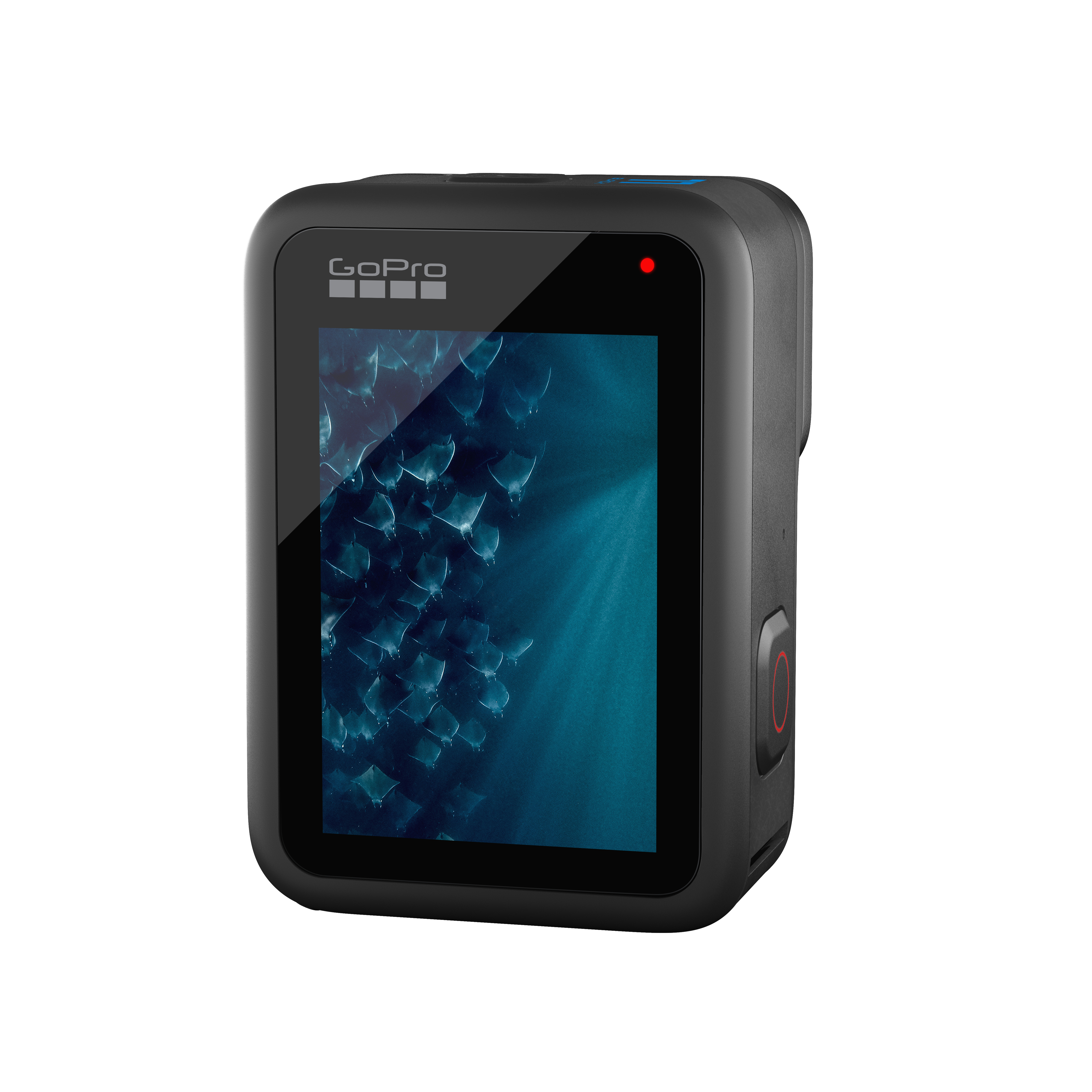Schwarze GoPro-Kamera mit Bildschirm, der eine Unterwasserszene zeigt, rotes Licht oben.