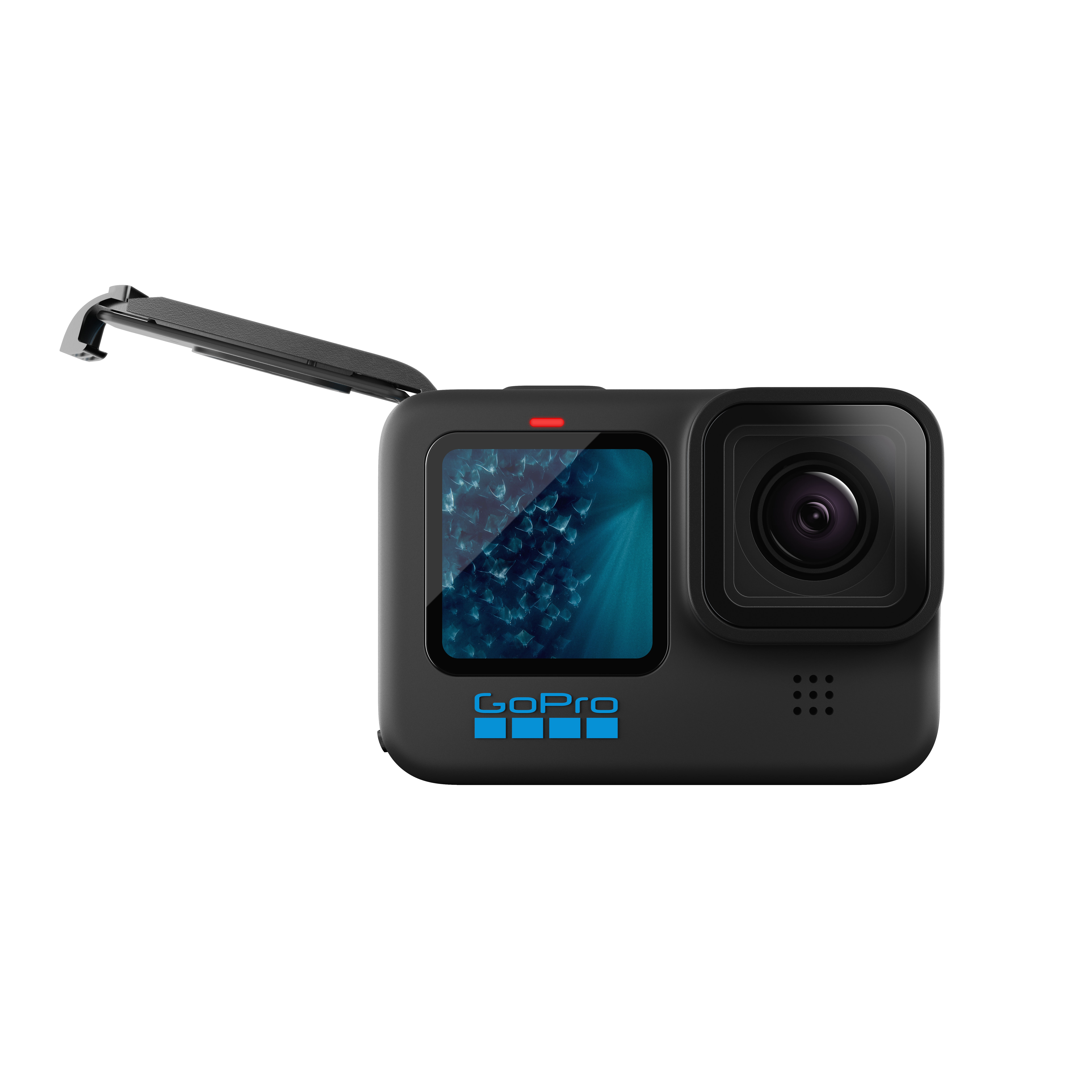 Schwarze GoPro-Kamera mit offener Tür, Bildschirm sichtbar.