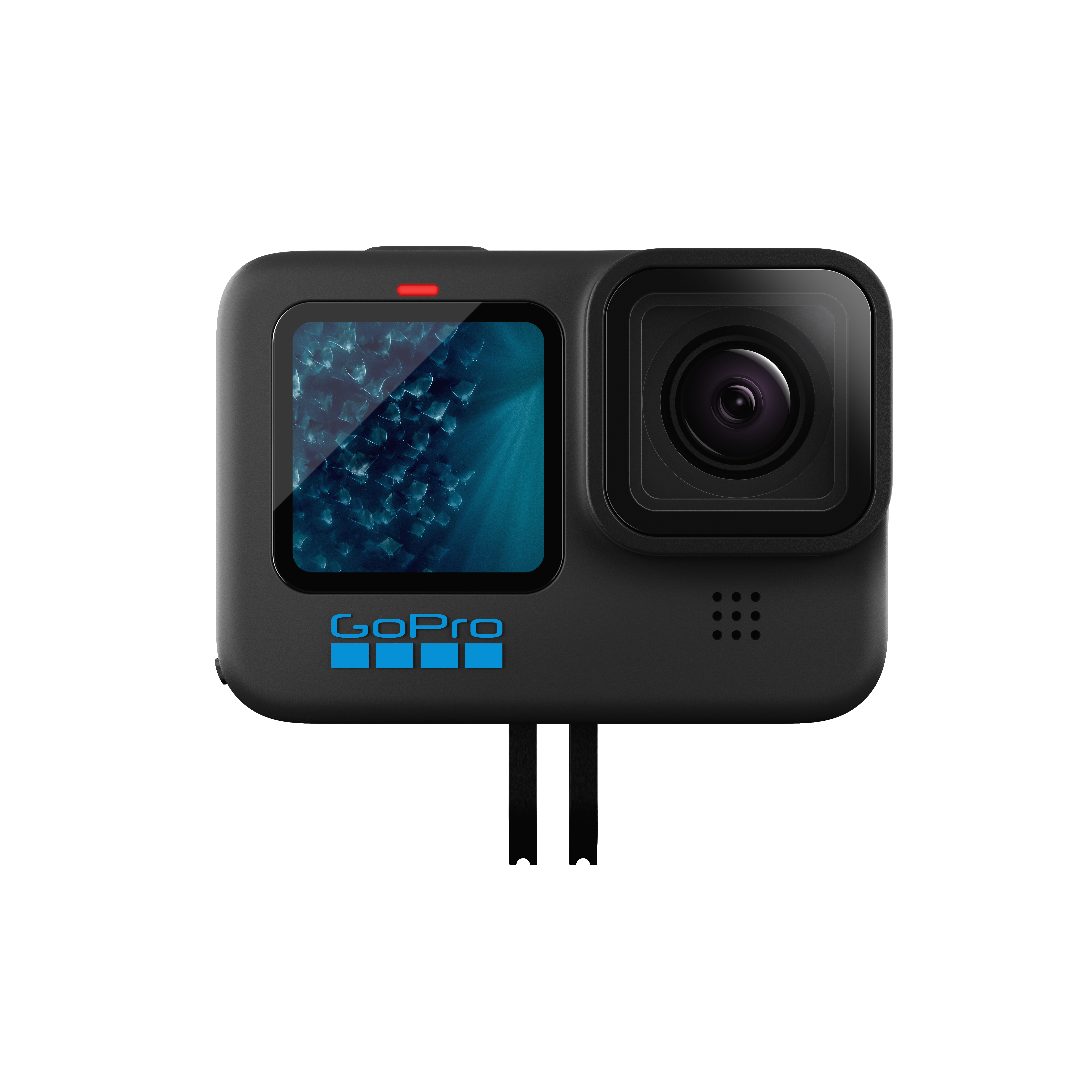 Schwarze GoPro-Kamera mit Bildschirm, der eine blaue Unterwasserszene zeigt. Das GoPro-Logo ist sichtbar.