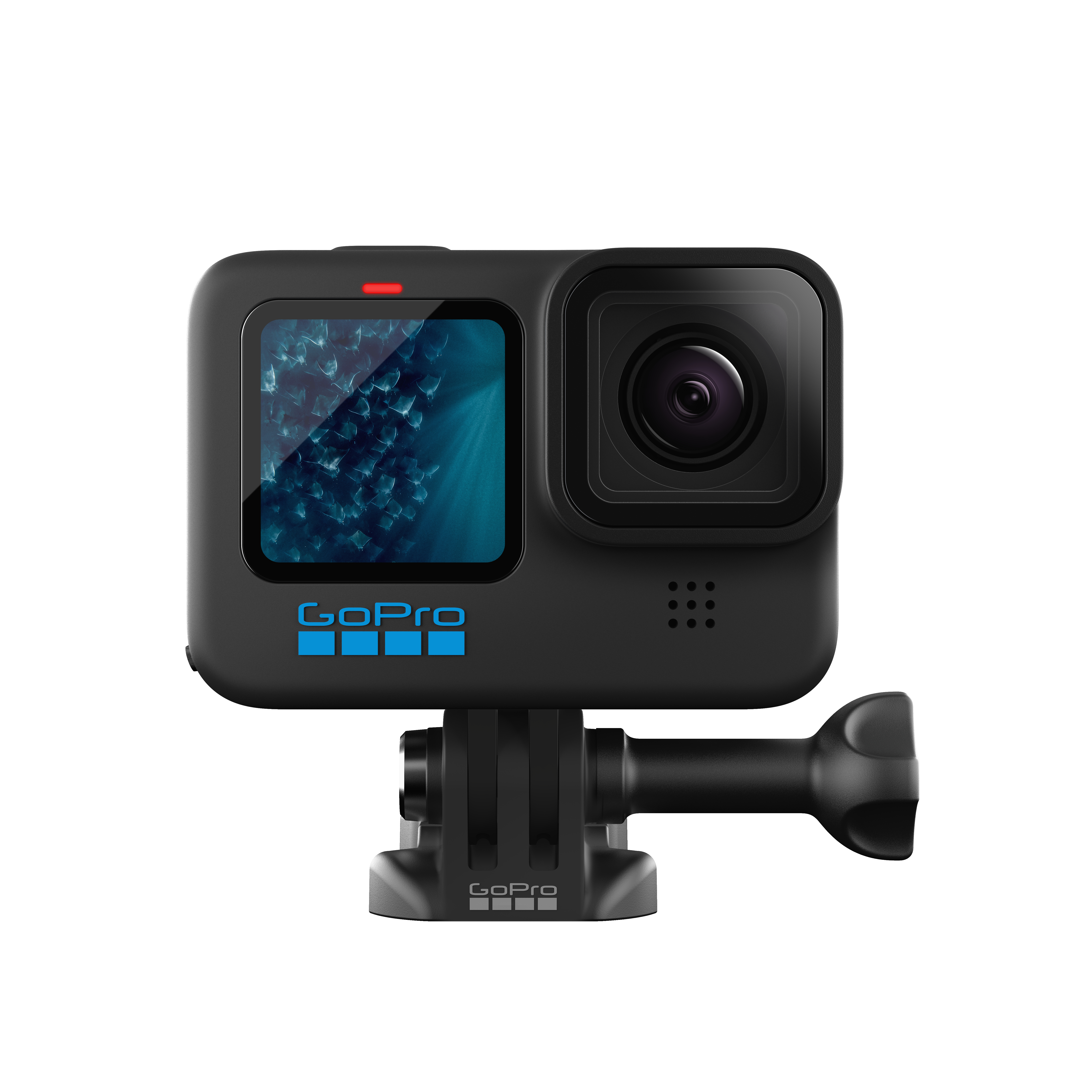 Schwarze GoPro-Kamera mit Bildschirm und Objektiv. Sie hat eine Halterung.