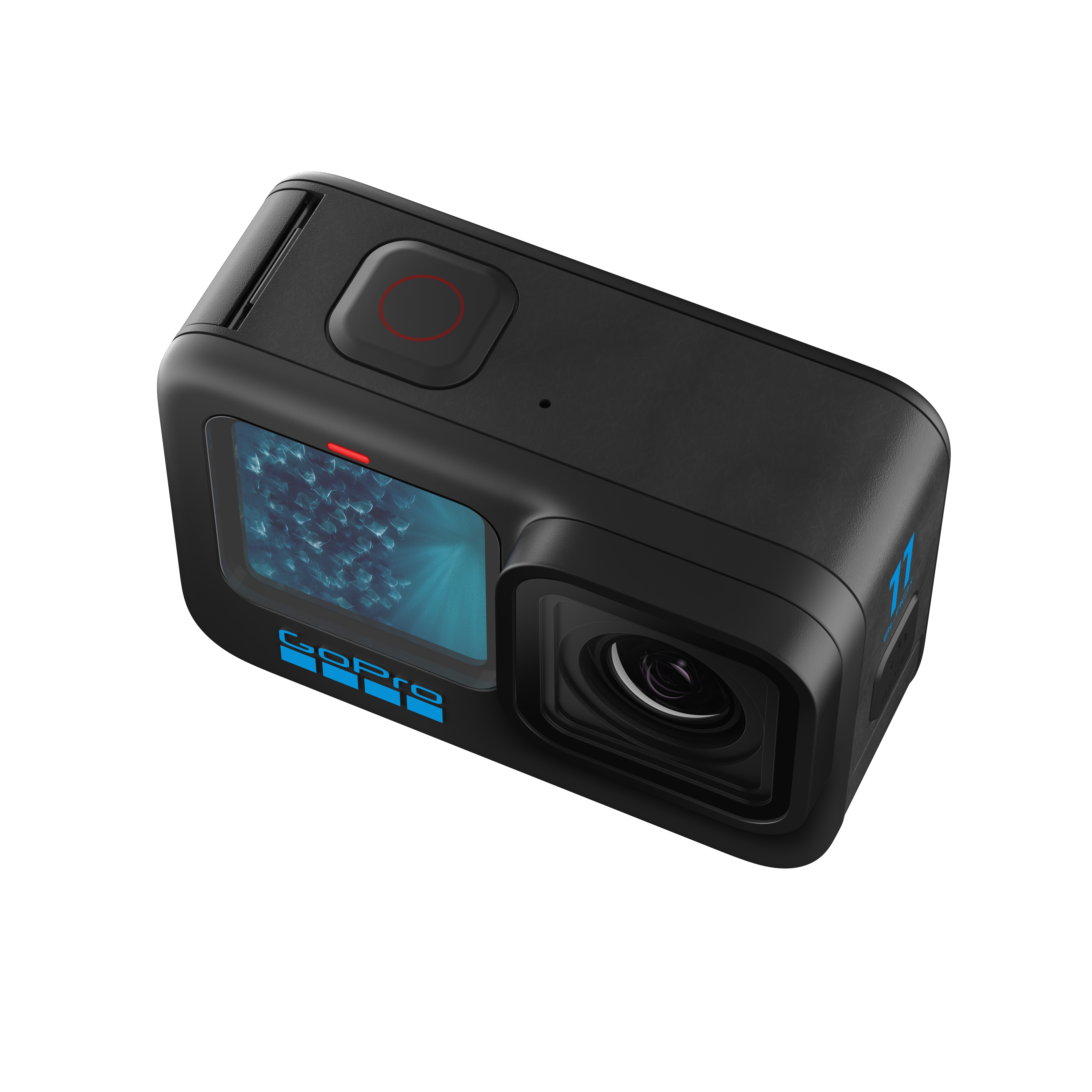Eine schwarze GoPro-Kamera mit roter Taste.