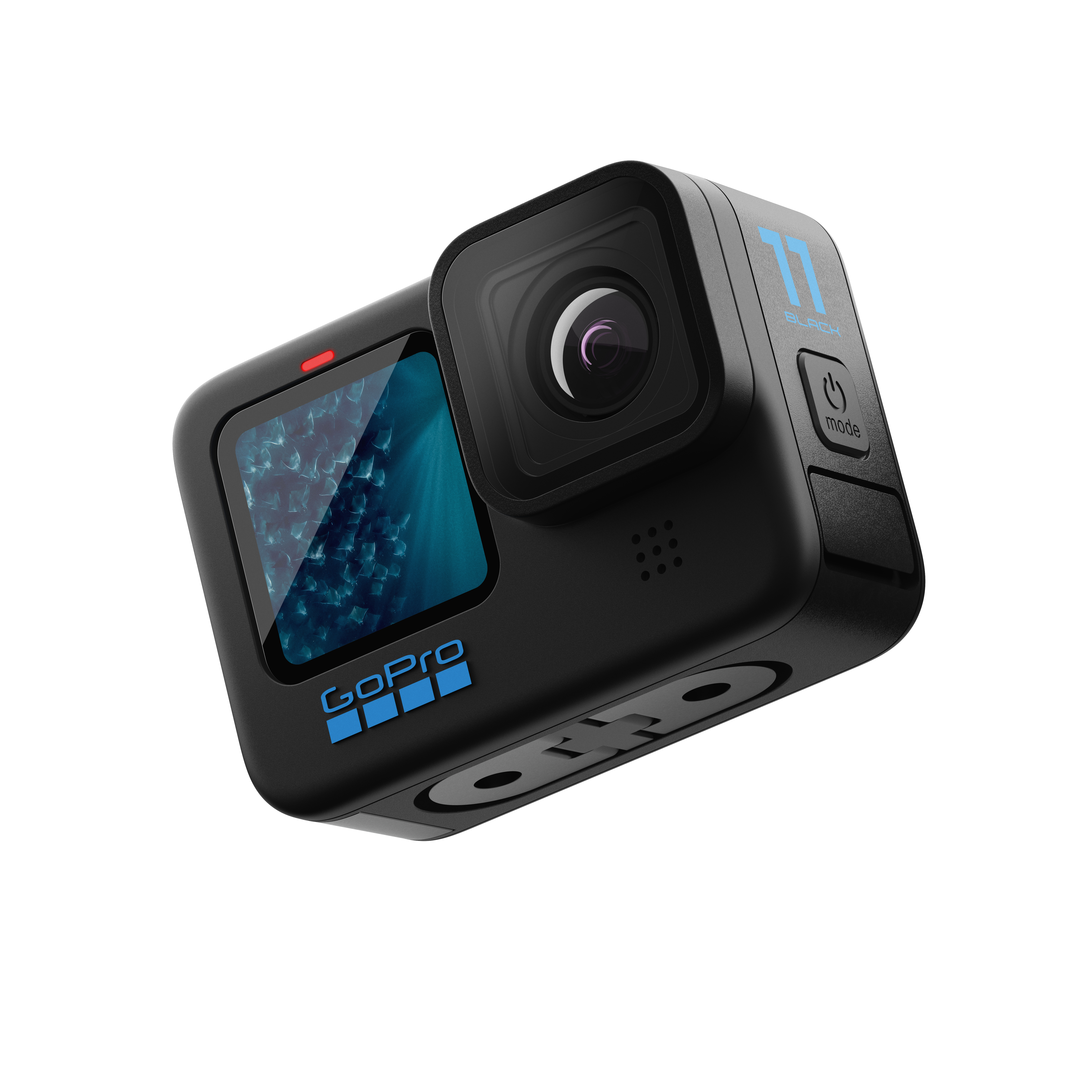 Schwarze GoPro-Kamera mit Bildschirm und Knöpfen, schräge Ansicht.