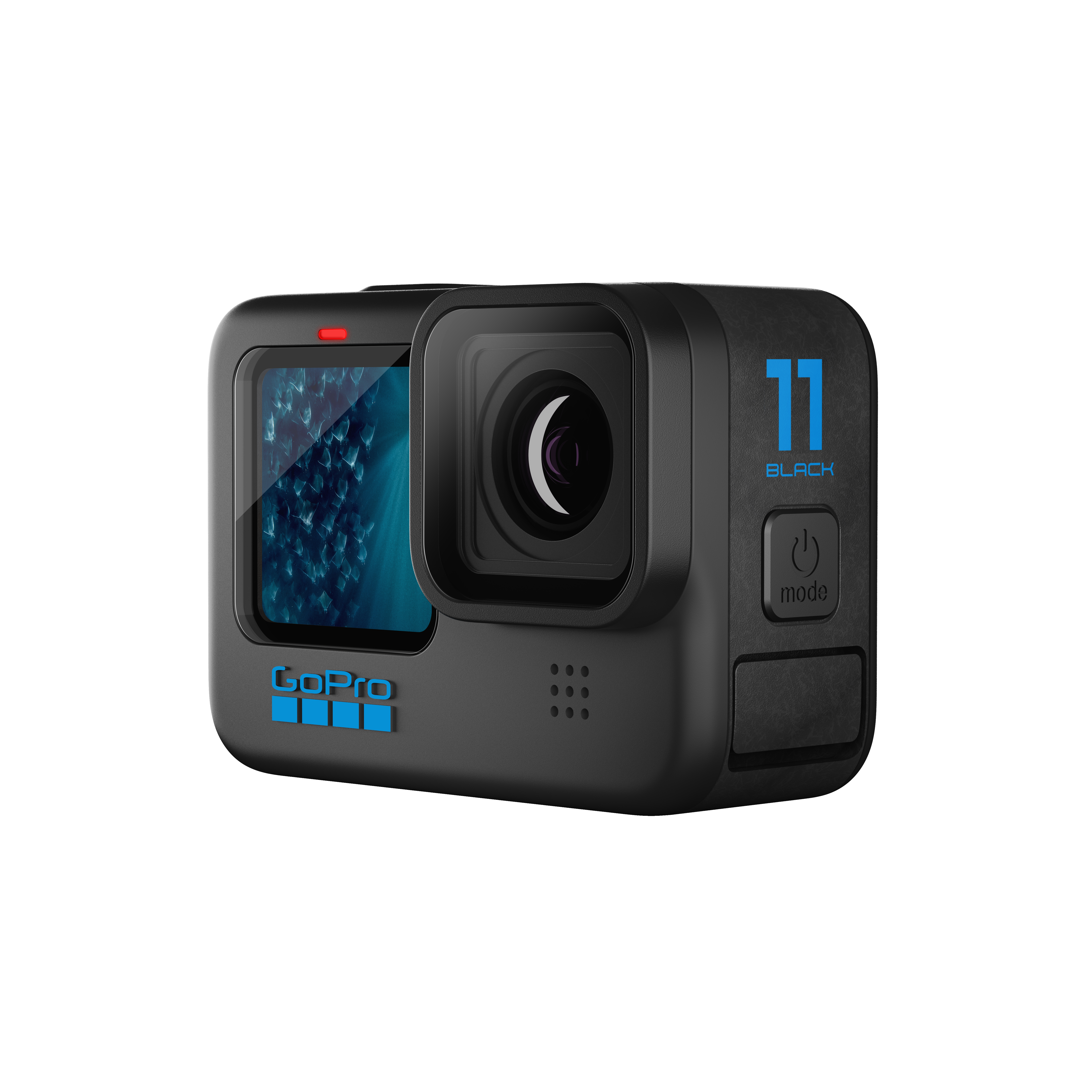 Schwarze GoPro-Kamera. Linse und LCD-Bildschirm sichtbar.