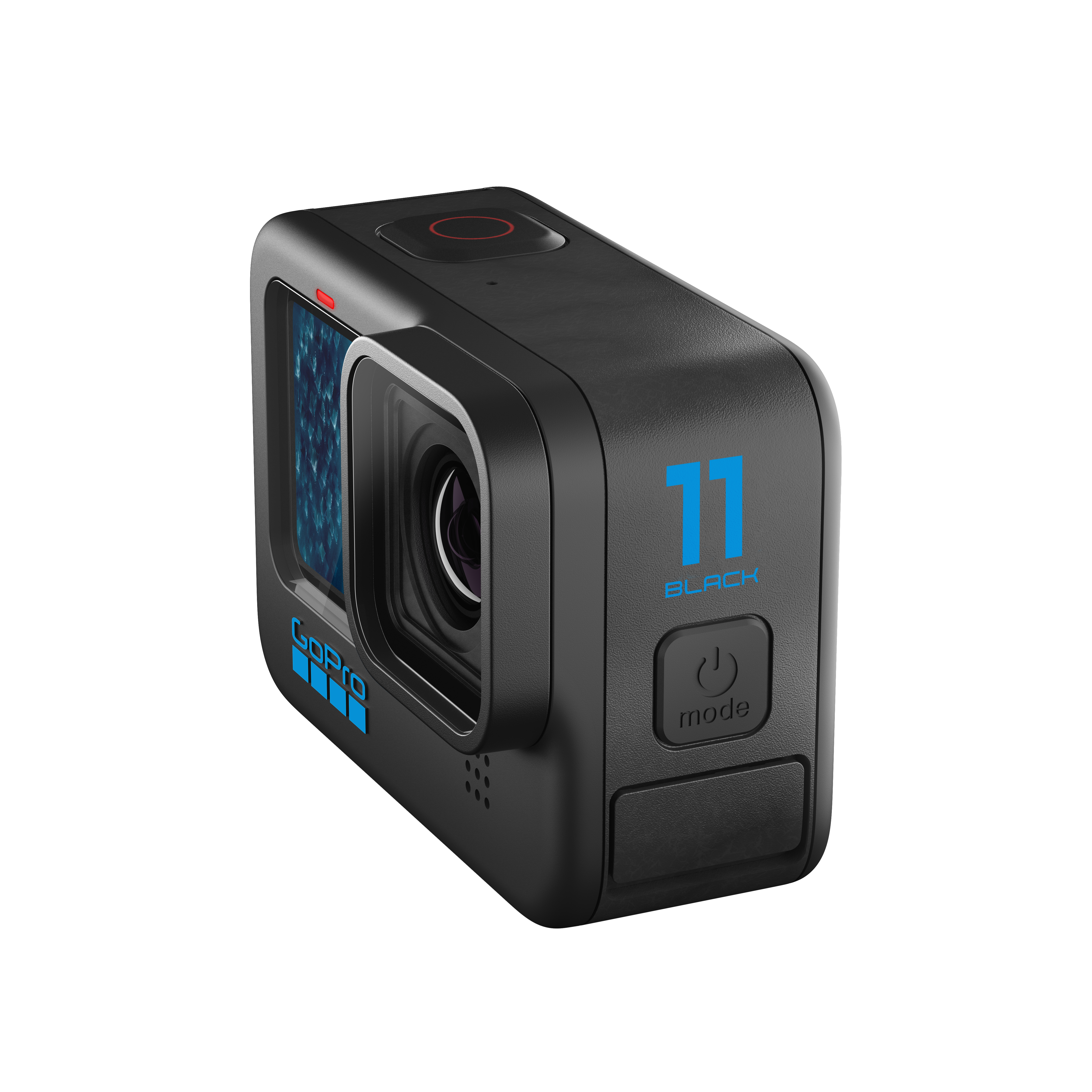 Schwarze GoPro-Action-Kamera. Blaues GoPro-Logo. Power- und Modustasten. Objektiv in der Mitte.