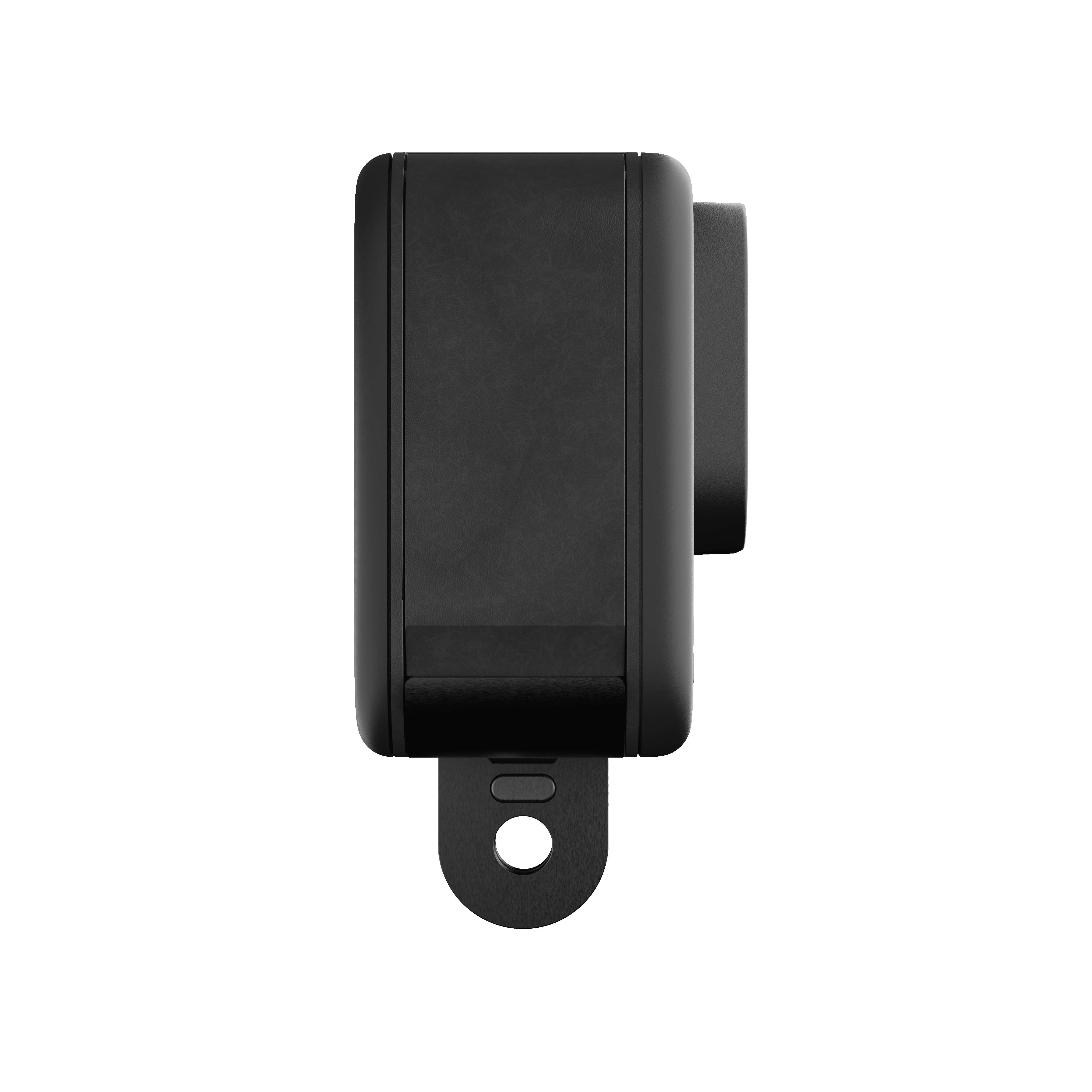 Schwarze Action-Kamera Seitenansicht mit Befestigungspunkt.