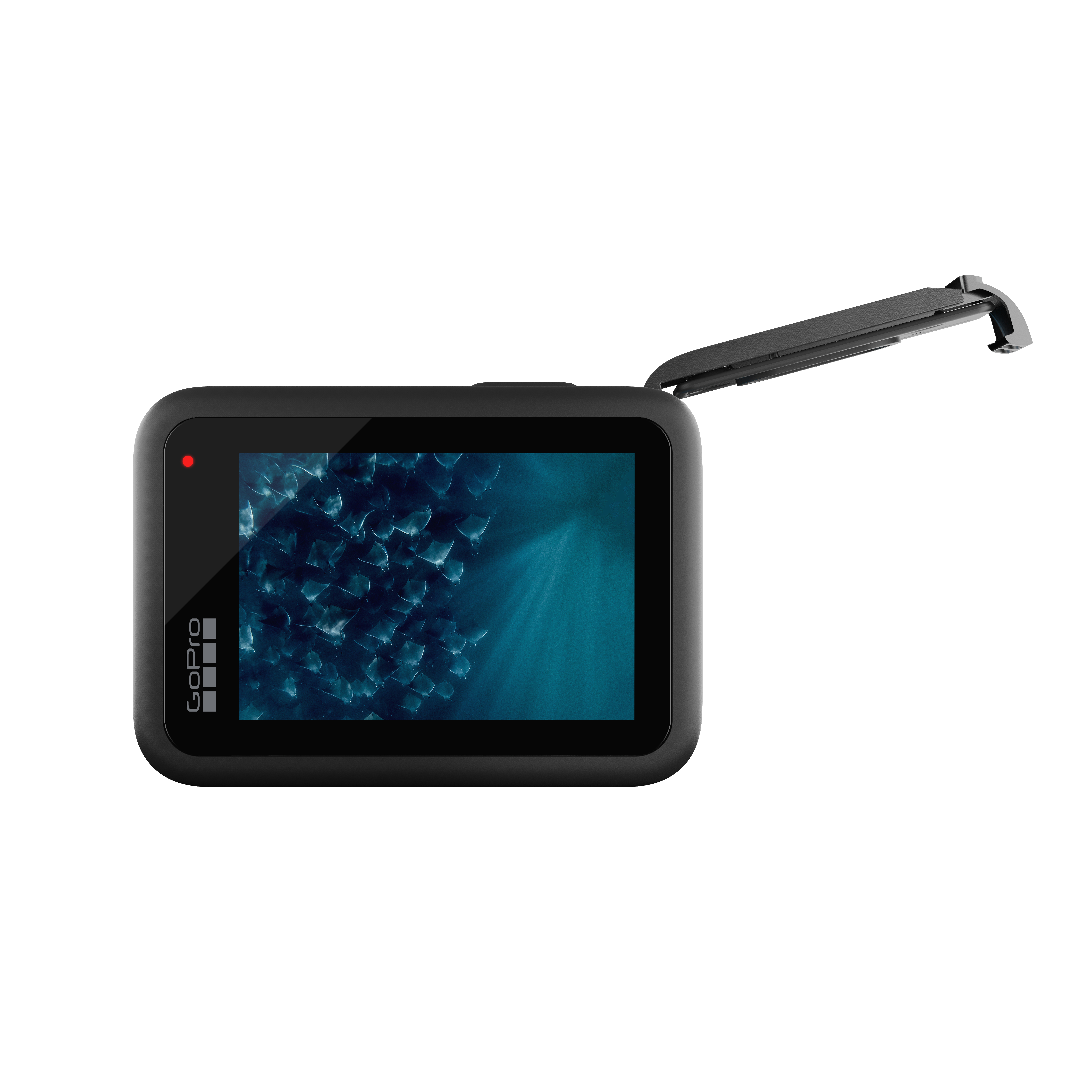 Schwarze GoPro-Kamera, Bildschirm zeigt Unterwasserszene, offene Tür.