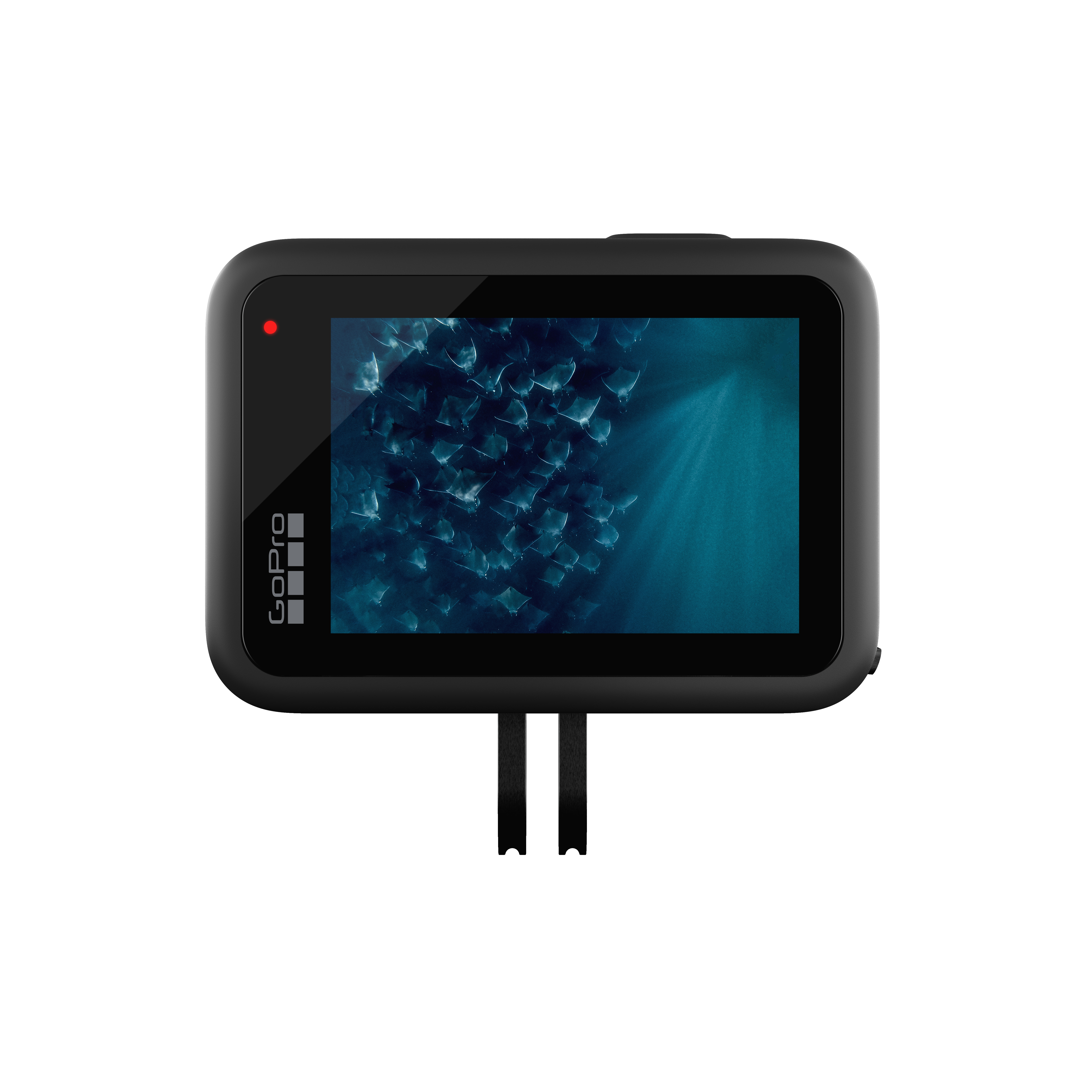GoPro-Kamera mit Bildschirm, der eine Unterwasserszene zeigt. Rotes Licht oben.