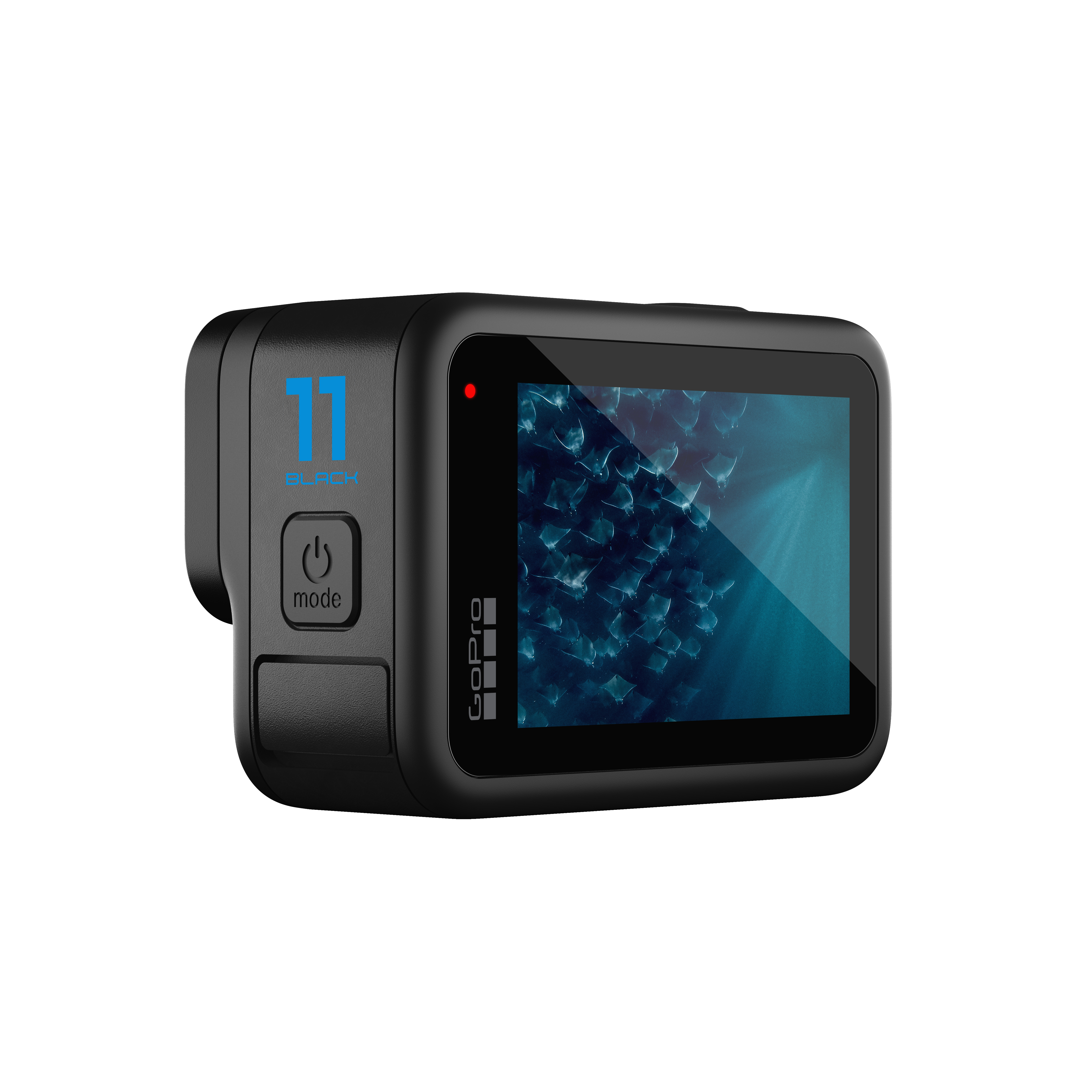 GoPro 11 Black Kamera, schwarz, mit Bildschirm, der eine blaue Unterwasserszene zeigt.