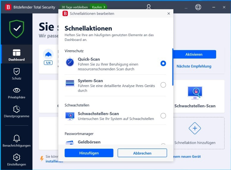 Capture d'écran d'une interface Bitdefender. Présente des options et paramètres d'analyse rapide.