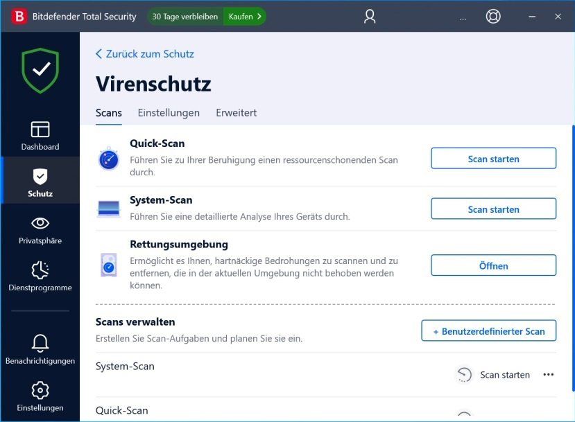 Un écran d'ordinateur avec l'interface Bitdefender Total Security affichée, montrant les options d'analyse des virus et les paramètres.