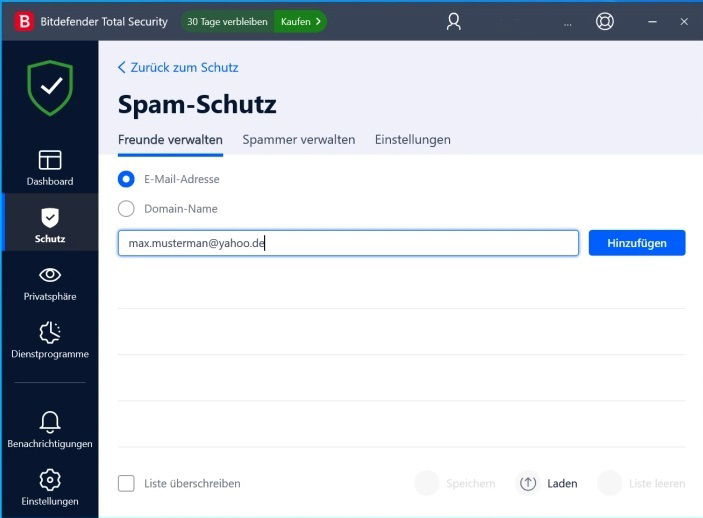 Un écran d'ordinateur affichant l'interface Bitdefender Total Security, avec un champ de messagerie.