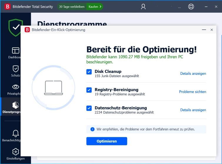 Capture d'écran d'un programme informatique avec des options d'optimisation. Interface en allemand.