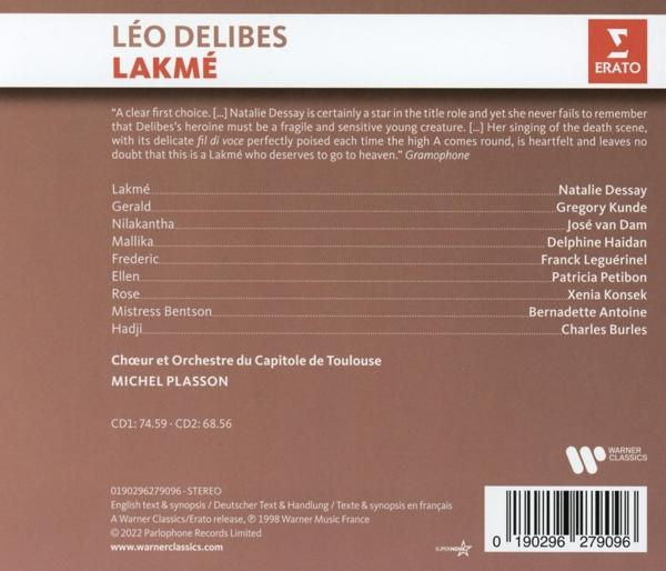 Rückseite einer Léo Delibes Lakmé CD mit Text und Credits in mehreren Sprachen.