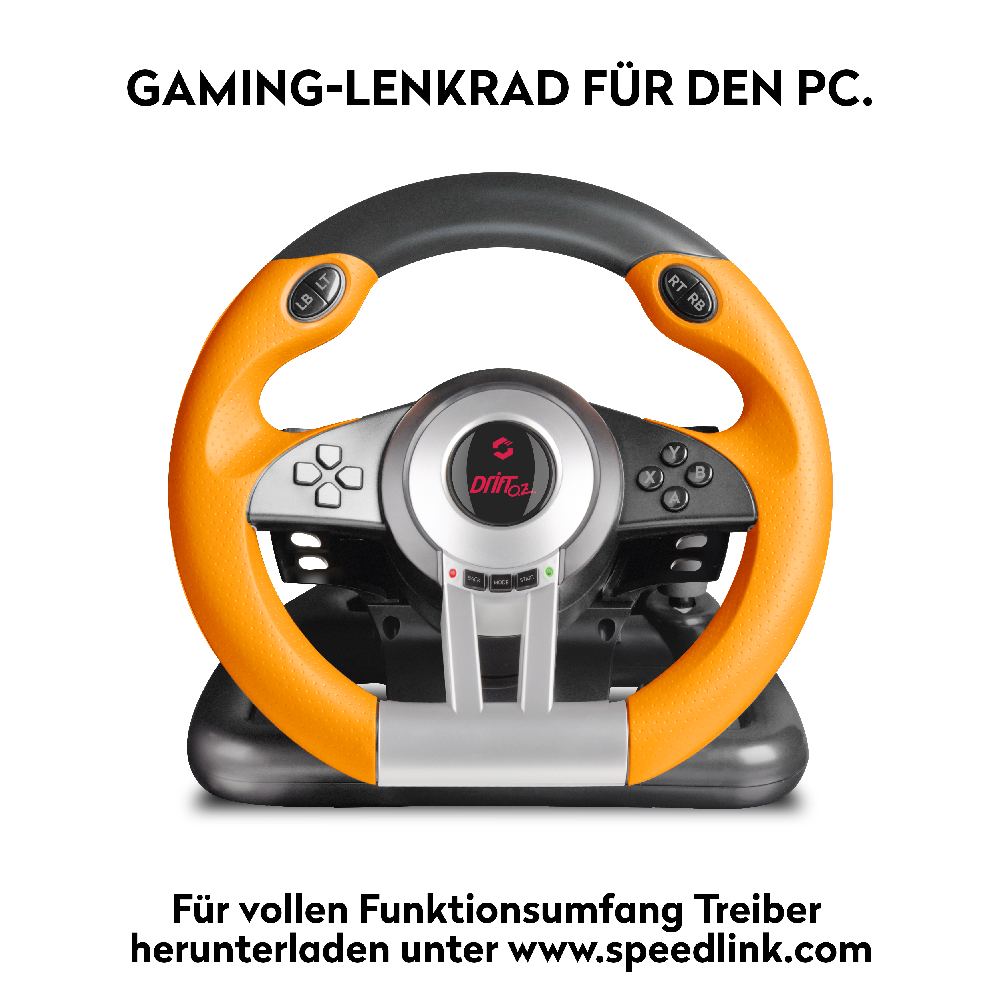 Gaming-Lenkrad mit orangefarbenen und schwarzen Details. Knöpfe und Speedlink-Logo sichtbar.