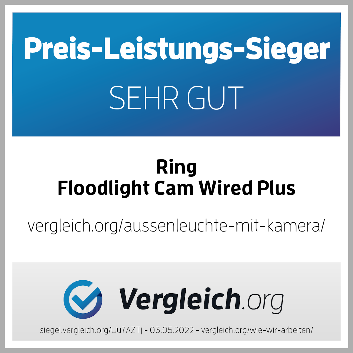 Eine blaue und weiße Grafik mit Text. Sie lautet 'Preis-Leistungs-Sieger, Sehr Gut' und 'Ring Floodlight Cam'.