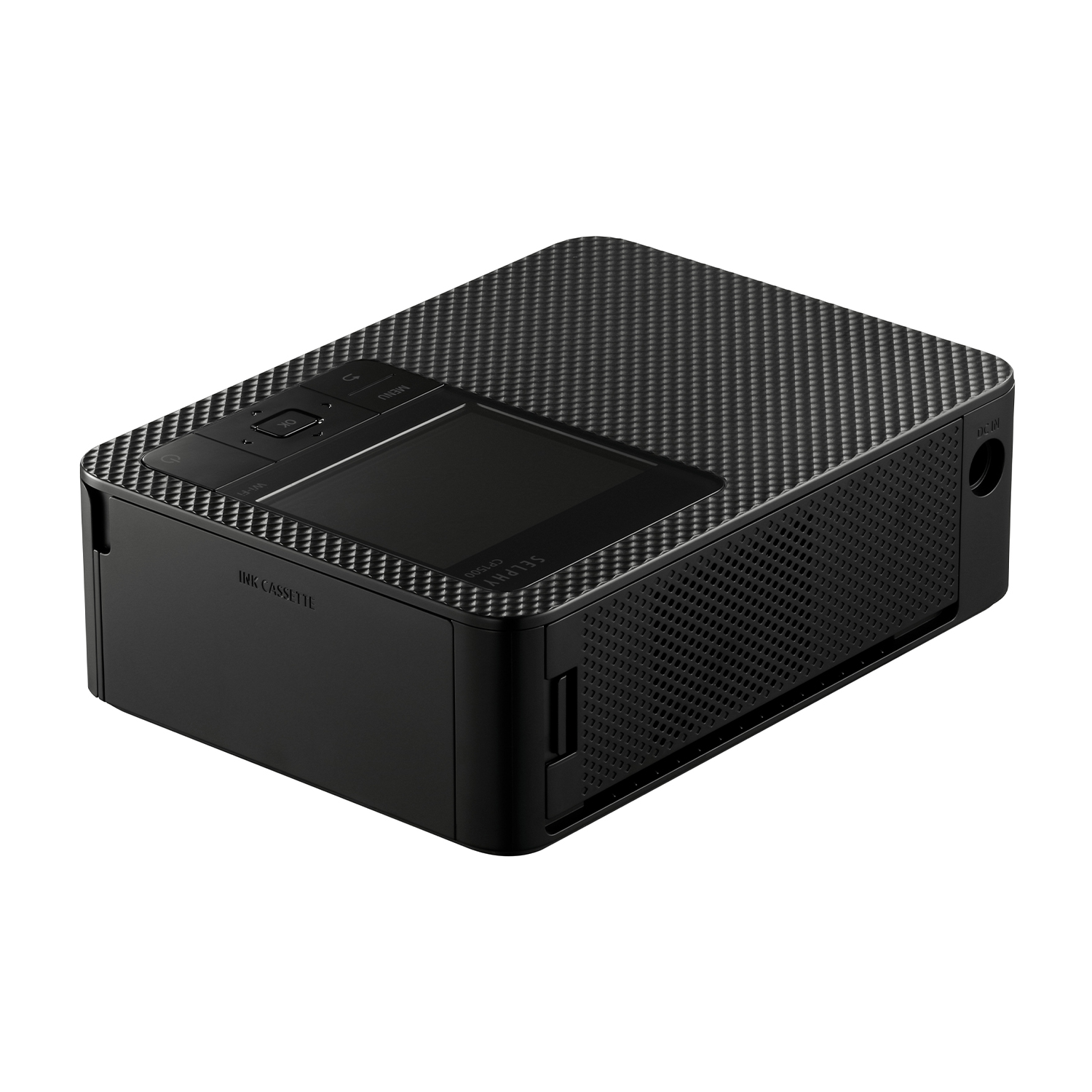 Stampante nera con parte superiore strutturata e display. Frontale con slot Ink Cassette.