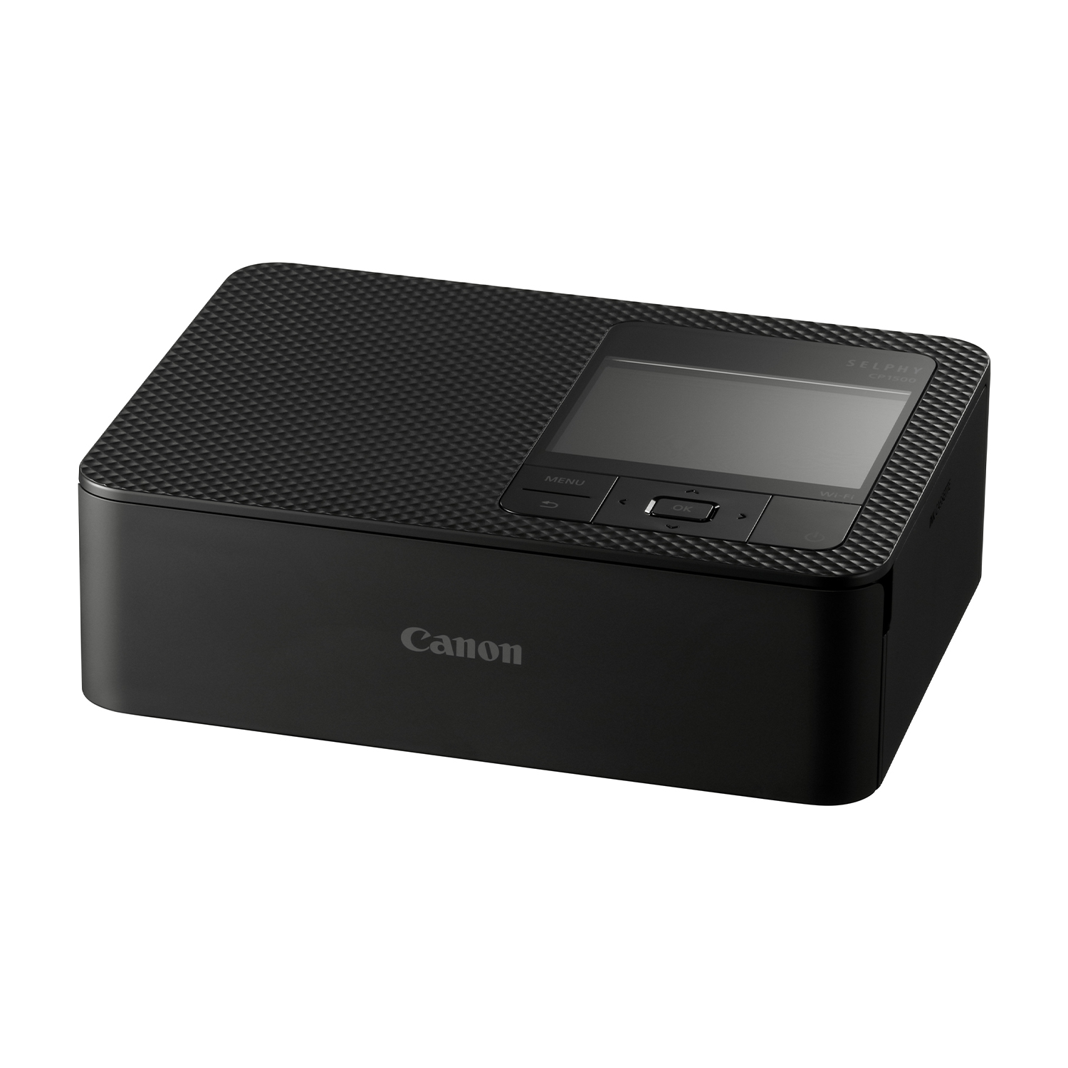 Una stampante fotografica Canon Selphy nera, vista dall'alto, con superficie strutturata e un piccolo display.