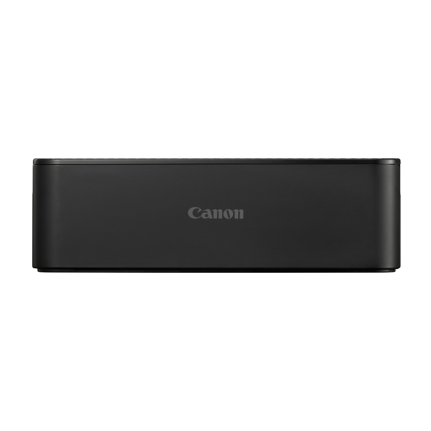 Una stampante Canon nera, vista frontalmente, con il logo Canon al centro.
