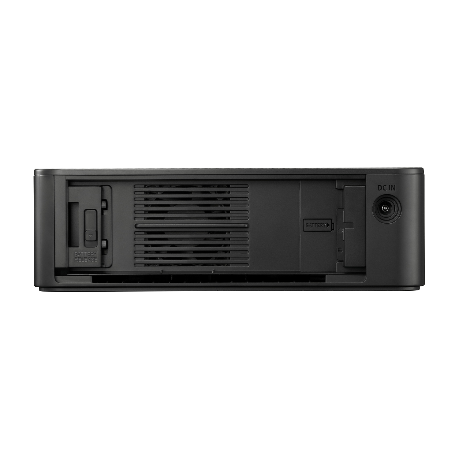 Un dispositivo nero con più porte e una griglia della ventola, probabilmente un componente di un sistema elettronico.