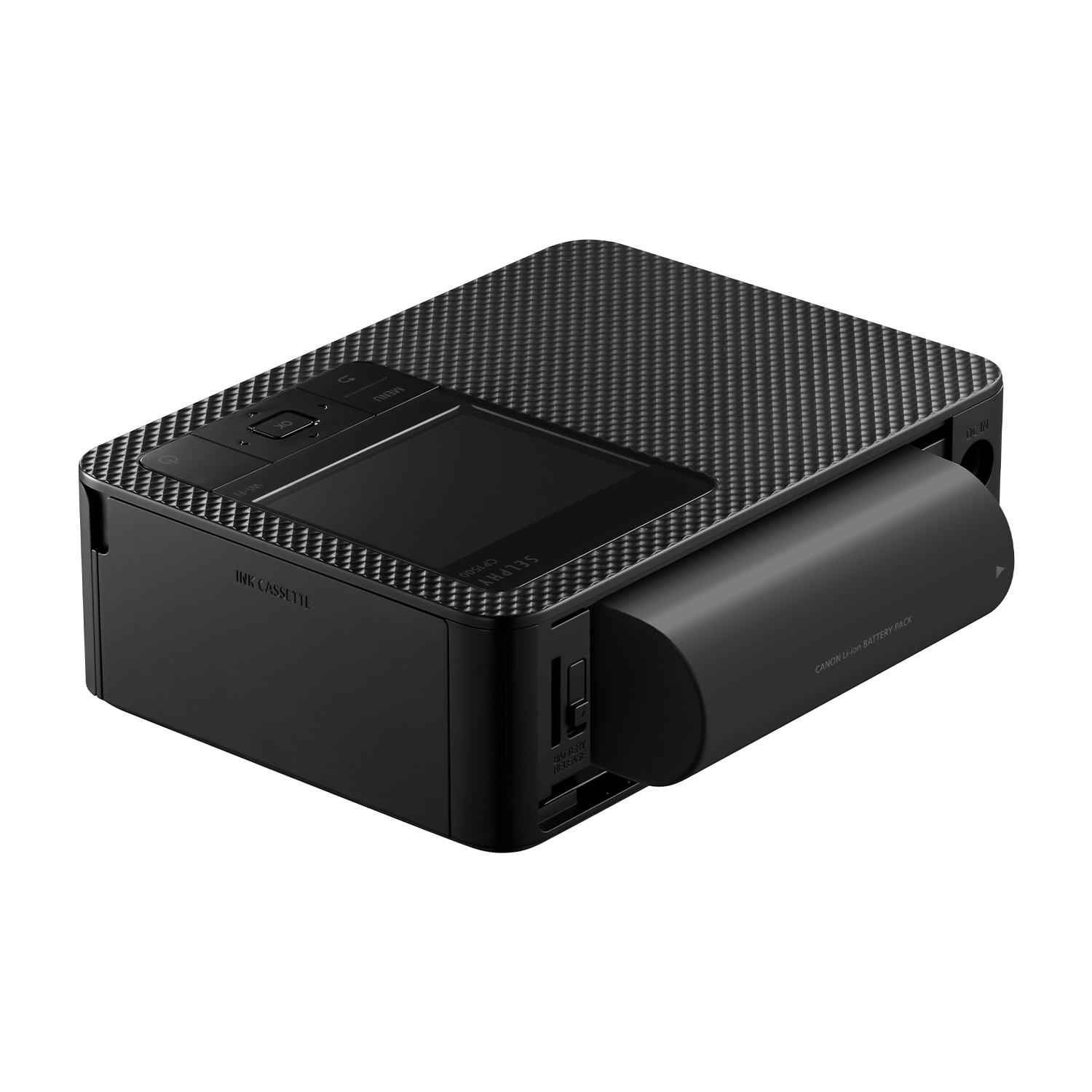 Stampante fotografica portatile nera con batteria collegata.