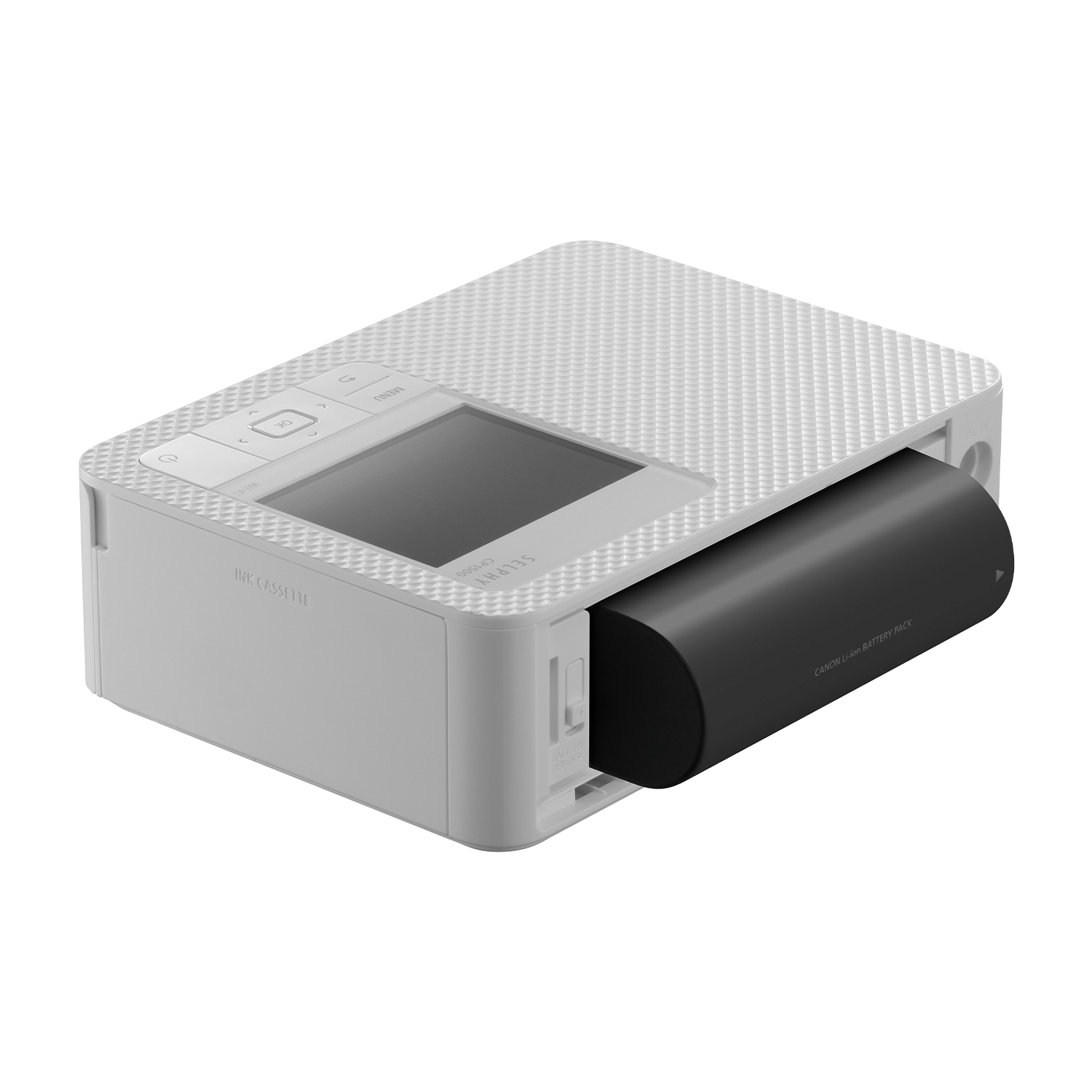 Stampante portatile bianca con batteria nera inserita. Ha un piccolo schermo e pulsanti.