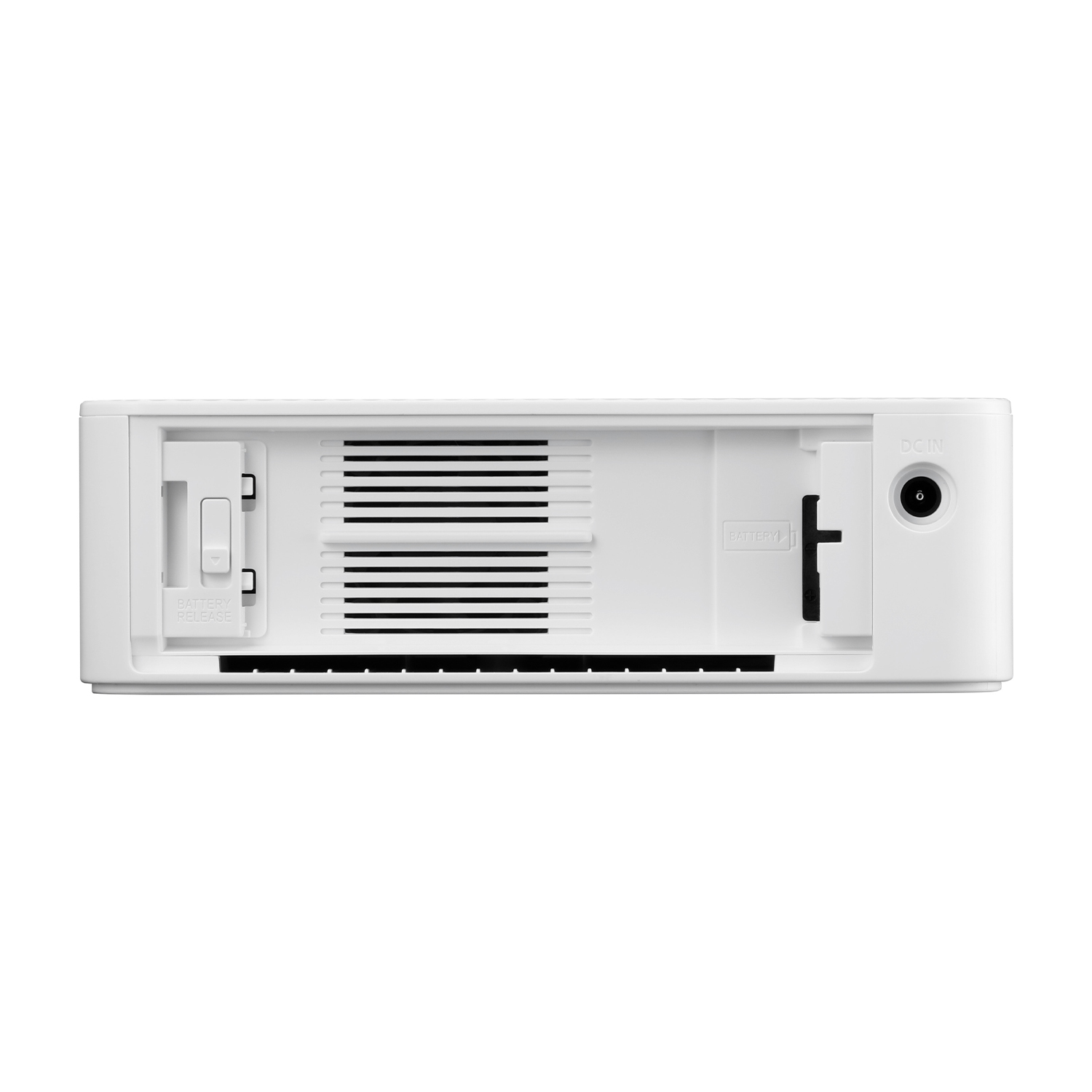 Dispositivo bianco con interruttore di rilascio batteria, prese d'aria e porta DC-IN. Vista dall'alto.