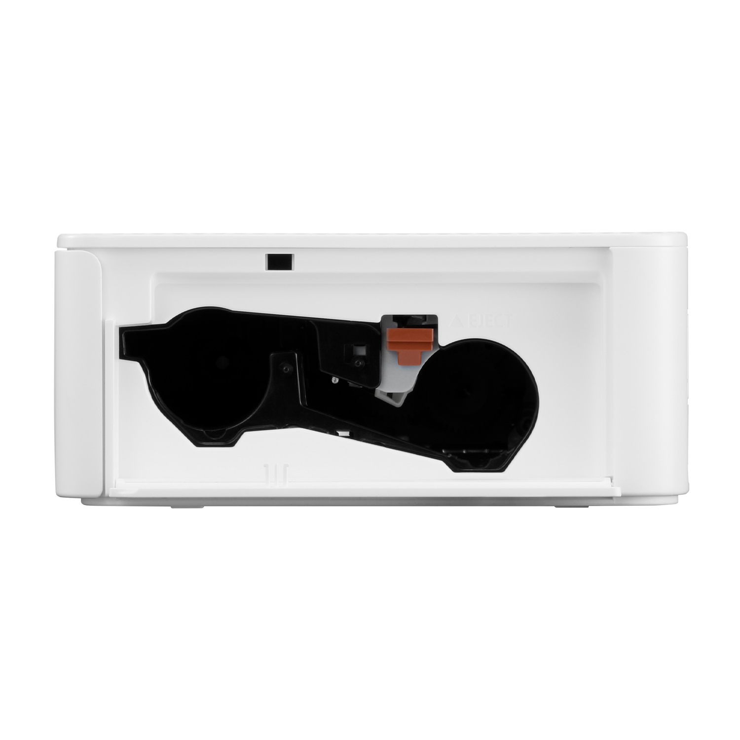 Contenitore di plastica bianco con meccanismo nero all'interno. Sembra un dispenser.