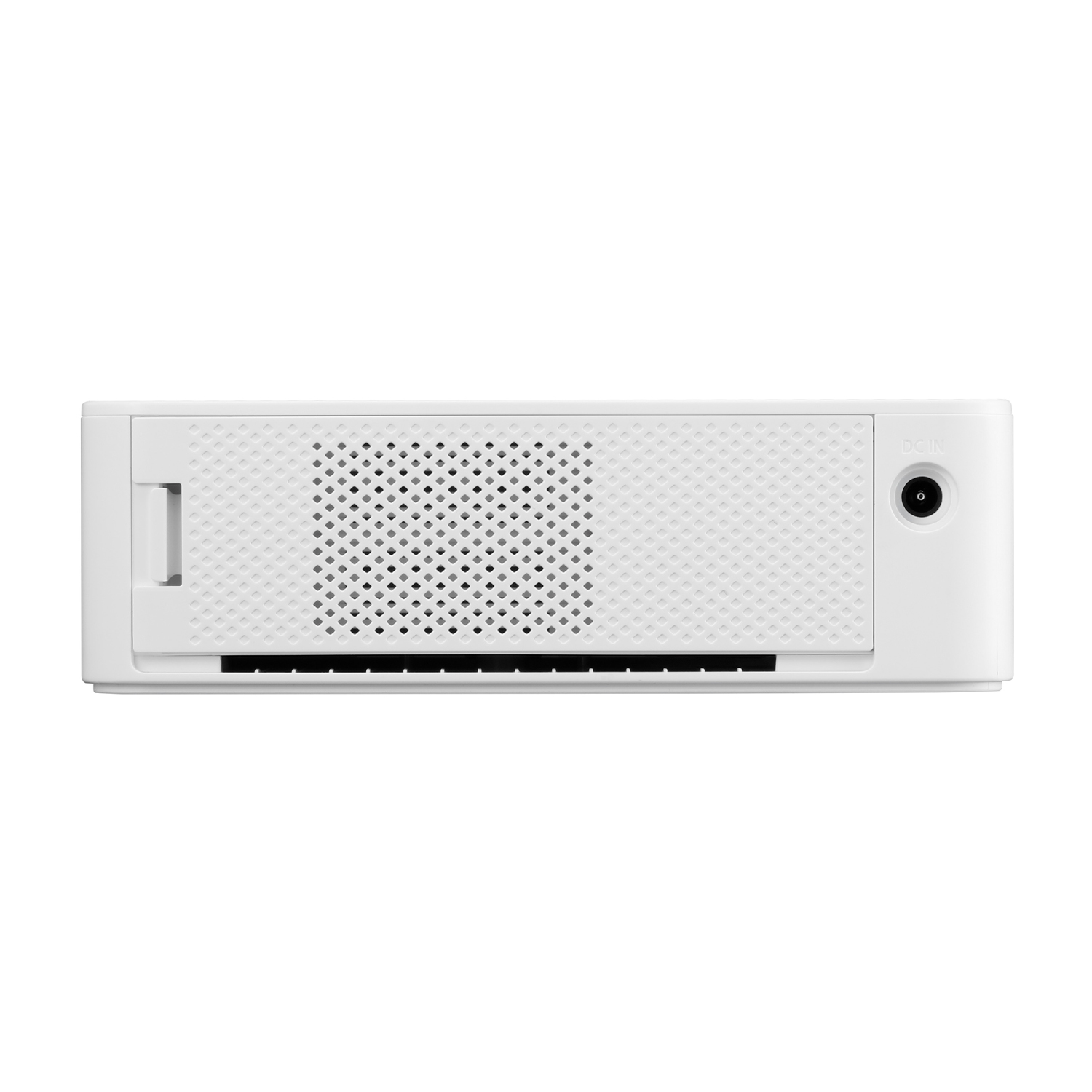 Un dispositivo bianco a forma di scatola con una griglia di ventilazione e una porta DC IN.