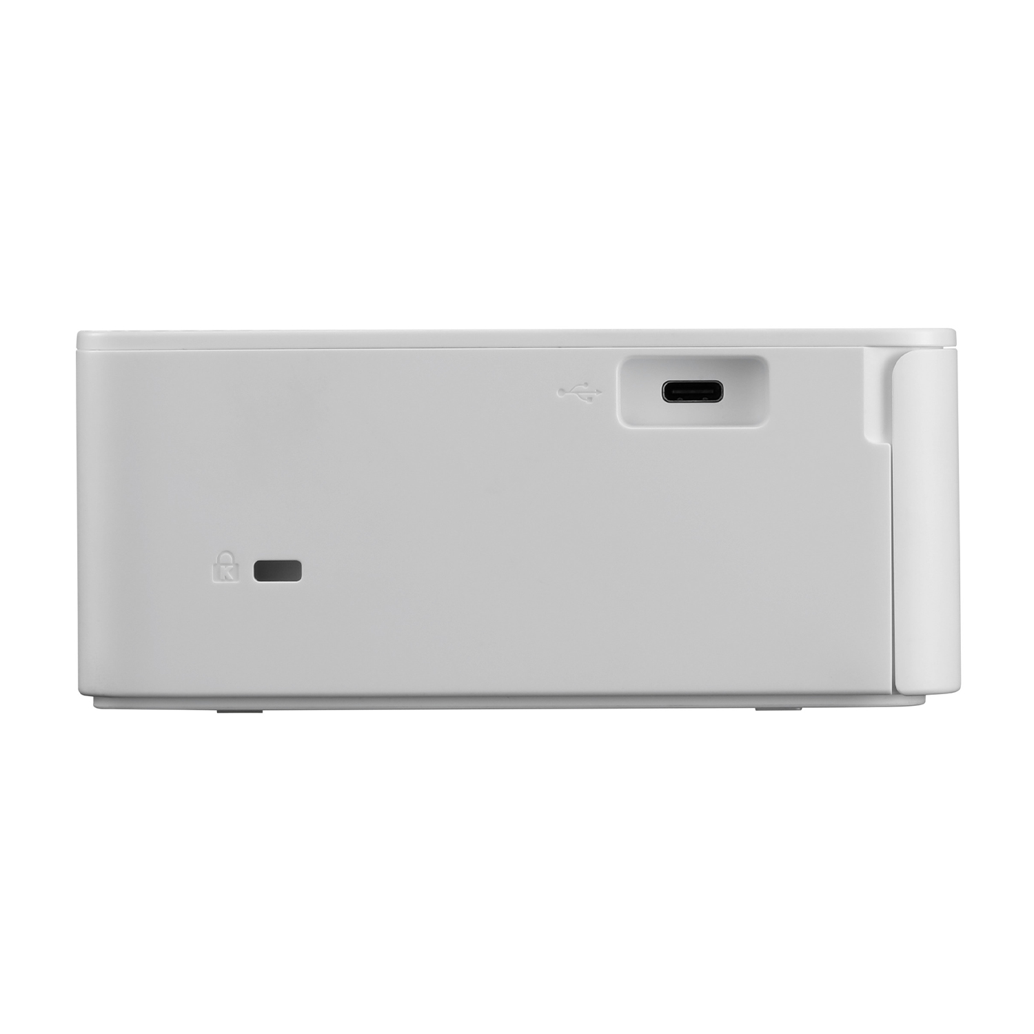 Dispositivo bianco, vista laterale, con porta USB e altri dettagli sul lato.