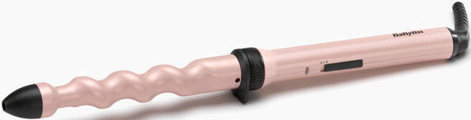 Pinker Lockenstab mit Spirallauf und schwarzem Griff. Das Bügeleisen befindet sich auf einer weißen Oberfläche.